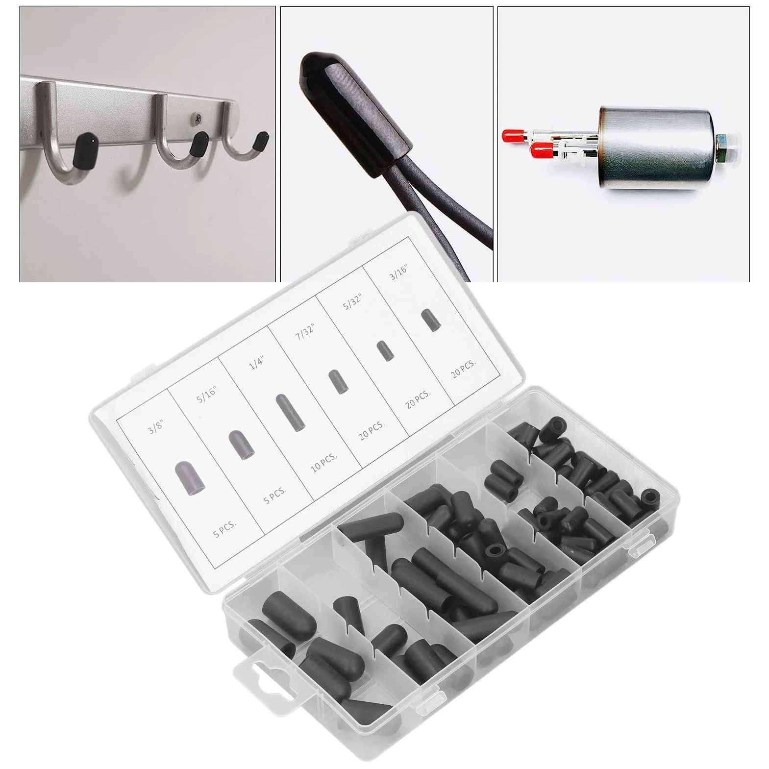 Kit de Tapones de Vacío 80 Uds., 5/32" a 3/8", Resistente a Altas Temperaturas, Goma, Negro