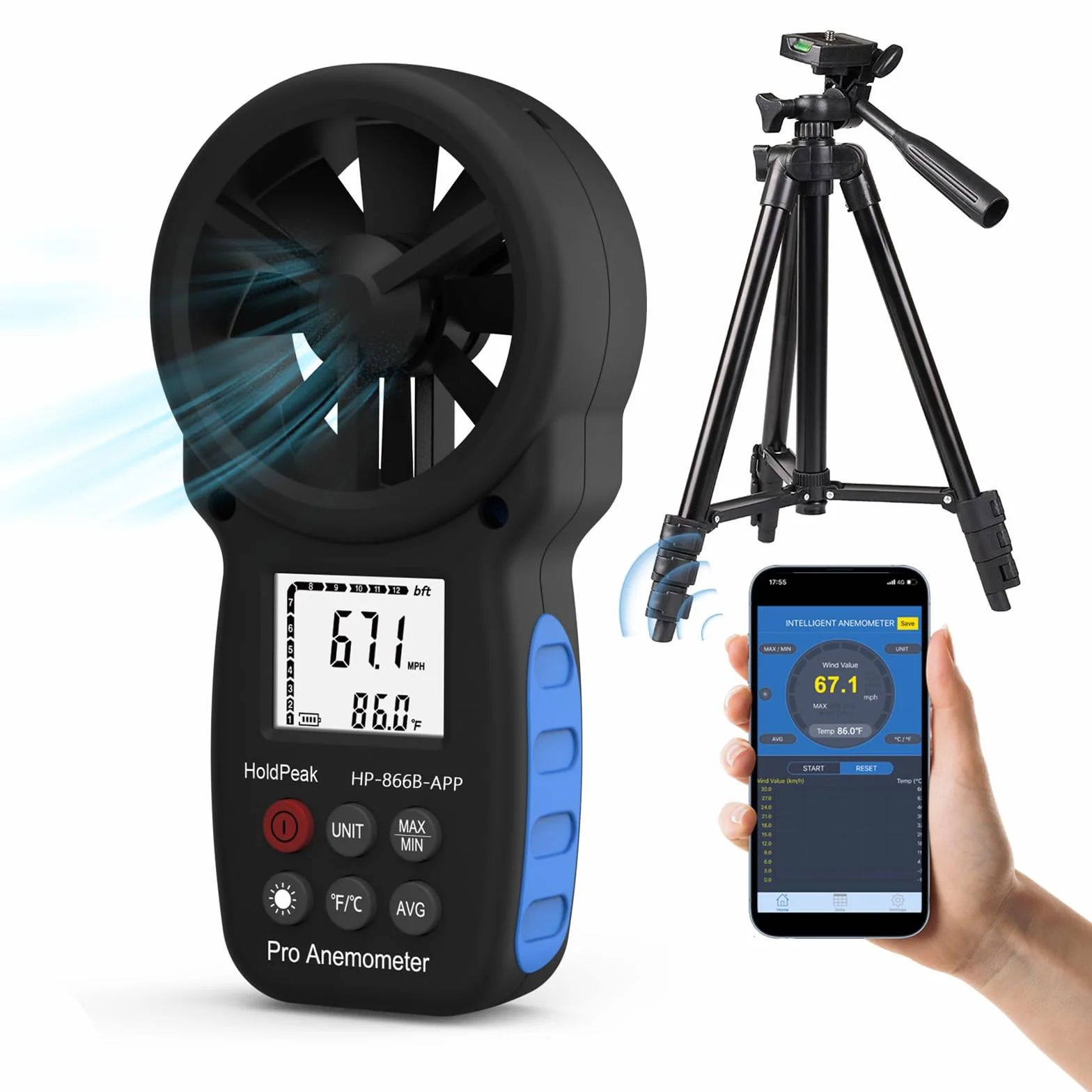 Anemómetro Digital HoldPeak 866B-APP Medidor de Velocidad Viento Bluetooth Inalámbrico Temperatura