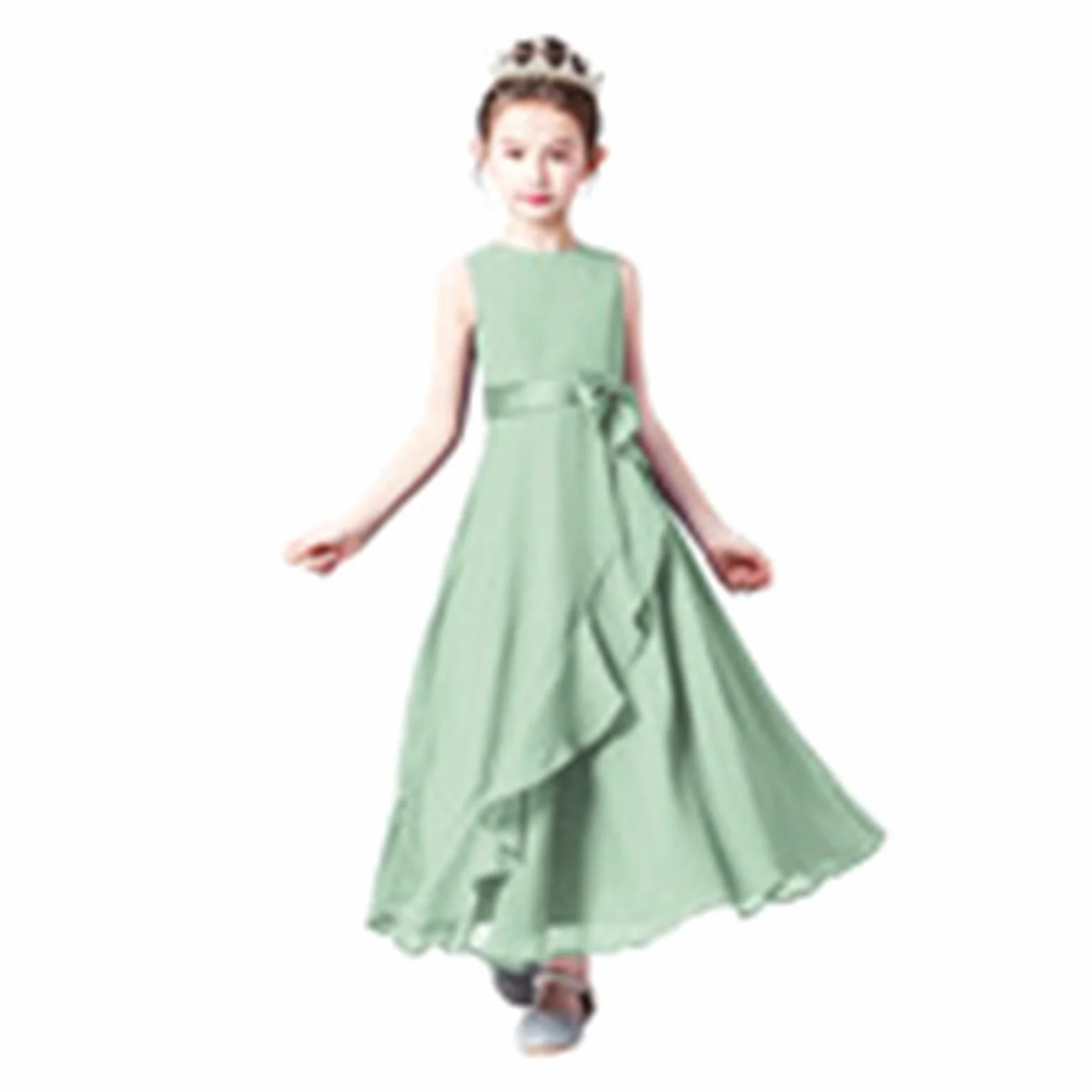 Vestidos Personalizados de Gasa for Dama de Honor Junior for Adolescentes, Vestidos de Flores for niña for Fiesta de Boda, Vestidos de Primera comunión for niños para Bodas(Sage Green,10)