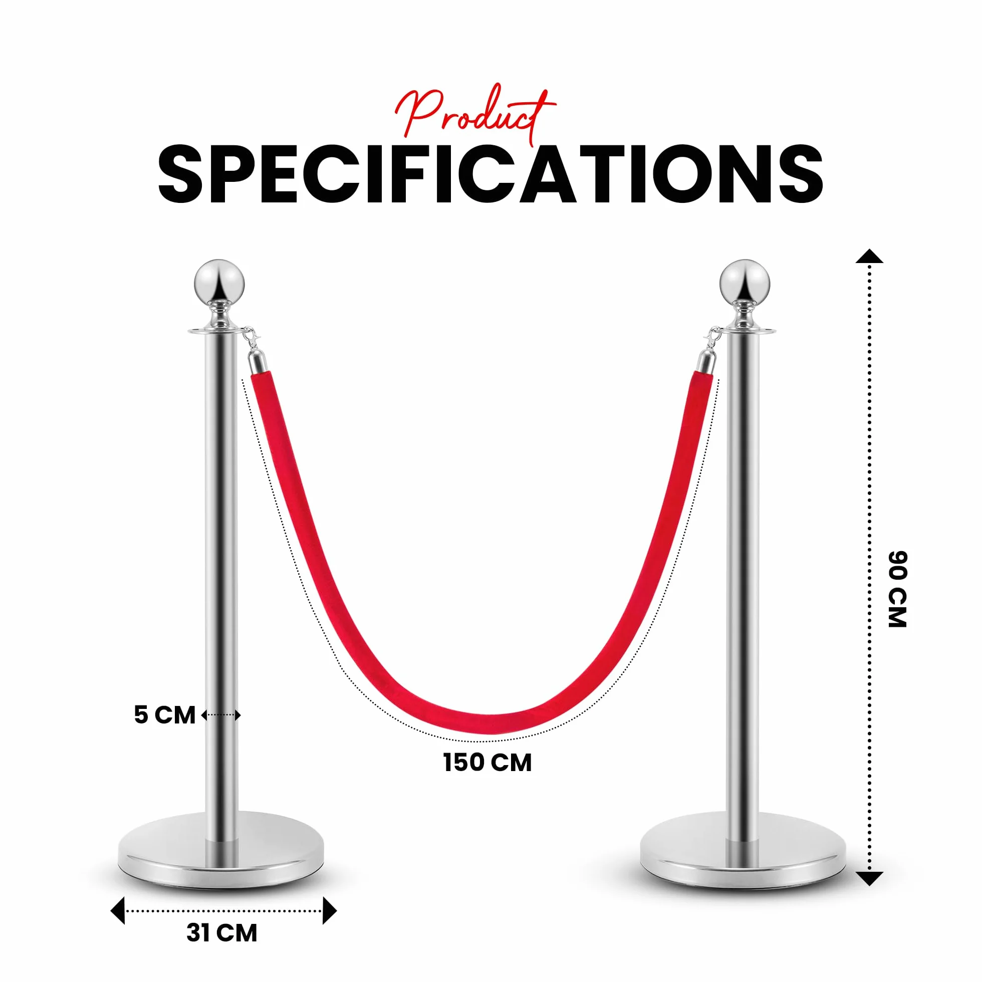 Postes Separadores de Acero Inoxidable 90 cm, 2 Piezas, Cuerda de Terciopelo Rojo 1,5 m, Control de Multitudes