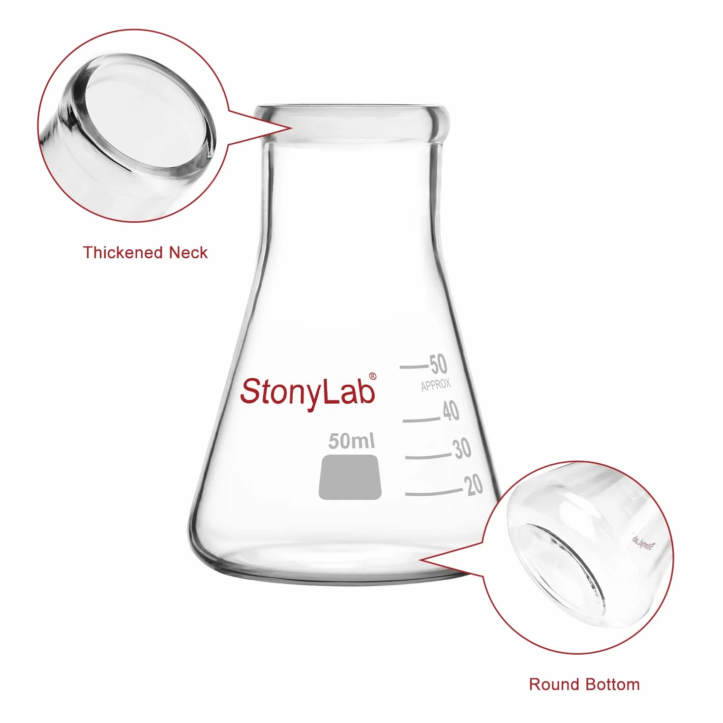 Erlenmeyer Matraces, Paquete de 2 50 ml Boca Estrecha Vidrio de Borosilicato Laboratorio