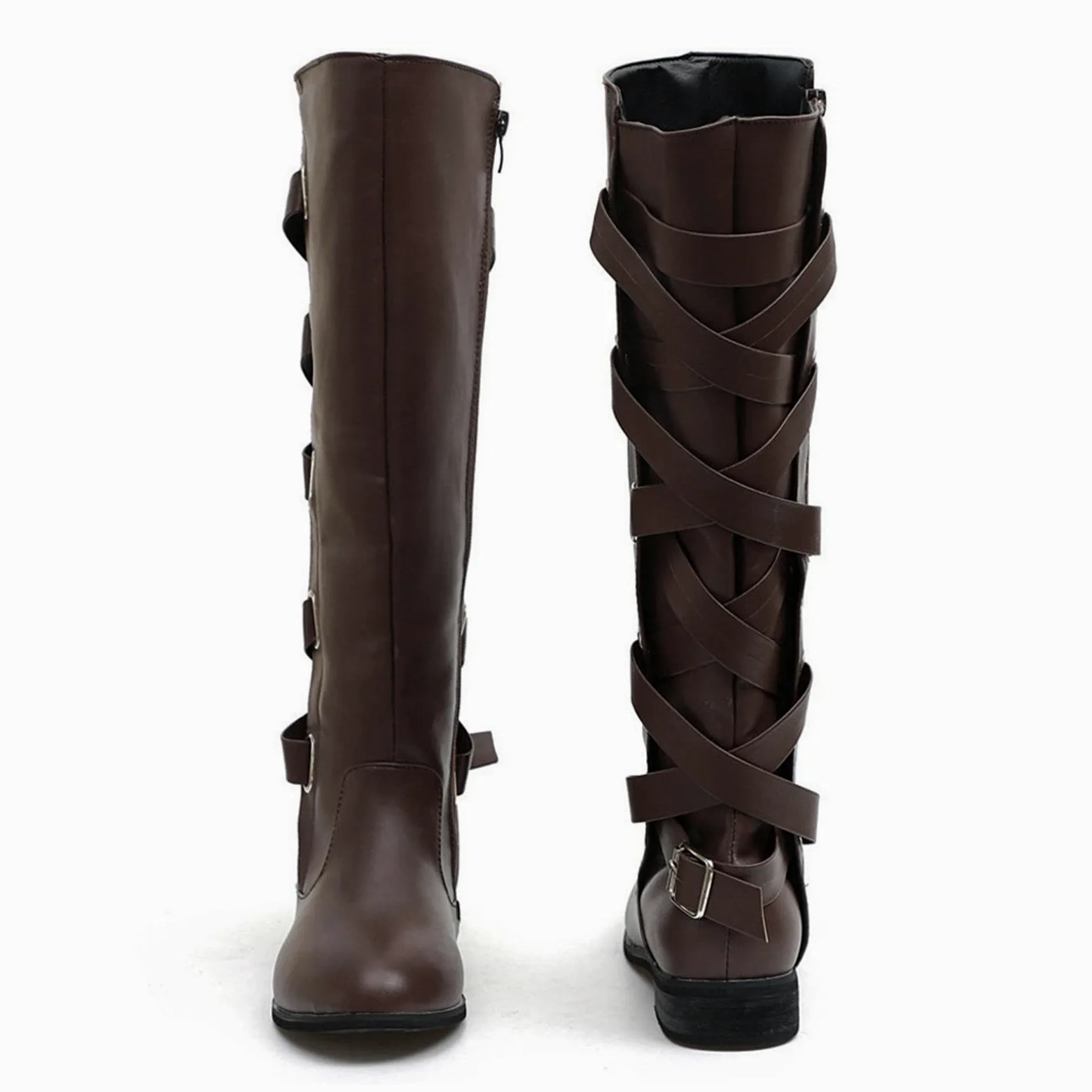 Botas hasta la Rodilla con Cordones para Mujer Botas de Nieve cálidas de Invierno Botas de Montar de Cuero para Mujer Botas de Tobillo Planas con Hebilla de cinturón para Mujer con Cremallera Lateral