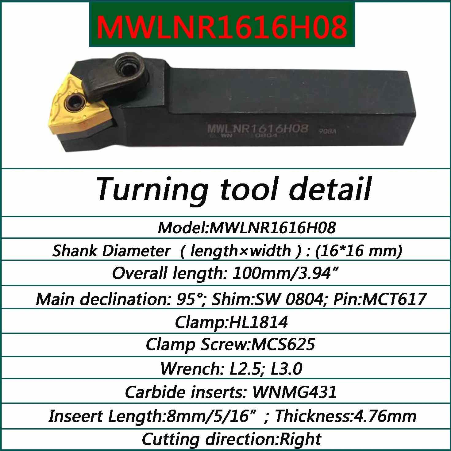 Soporte para herramientas torneado carburo indexable MWLNR1616H08 + barra mandrinar S16Q-MWLNR08 + insertos WNMG431 (WNMG080404)