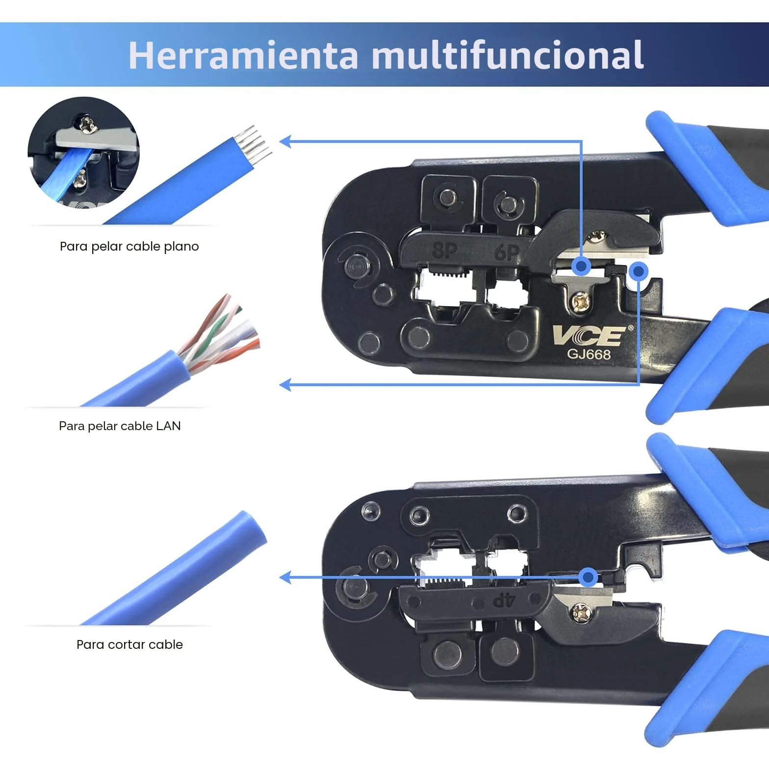 VCELINK Crimpadora RJ45 RJ12 RJ11 Ethernet 8P8C Cortar Pelar