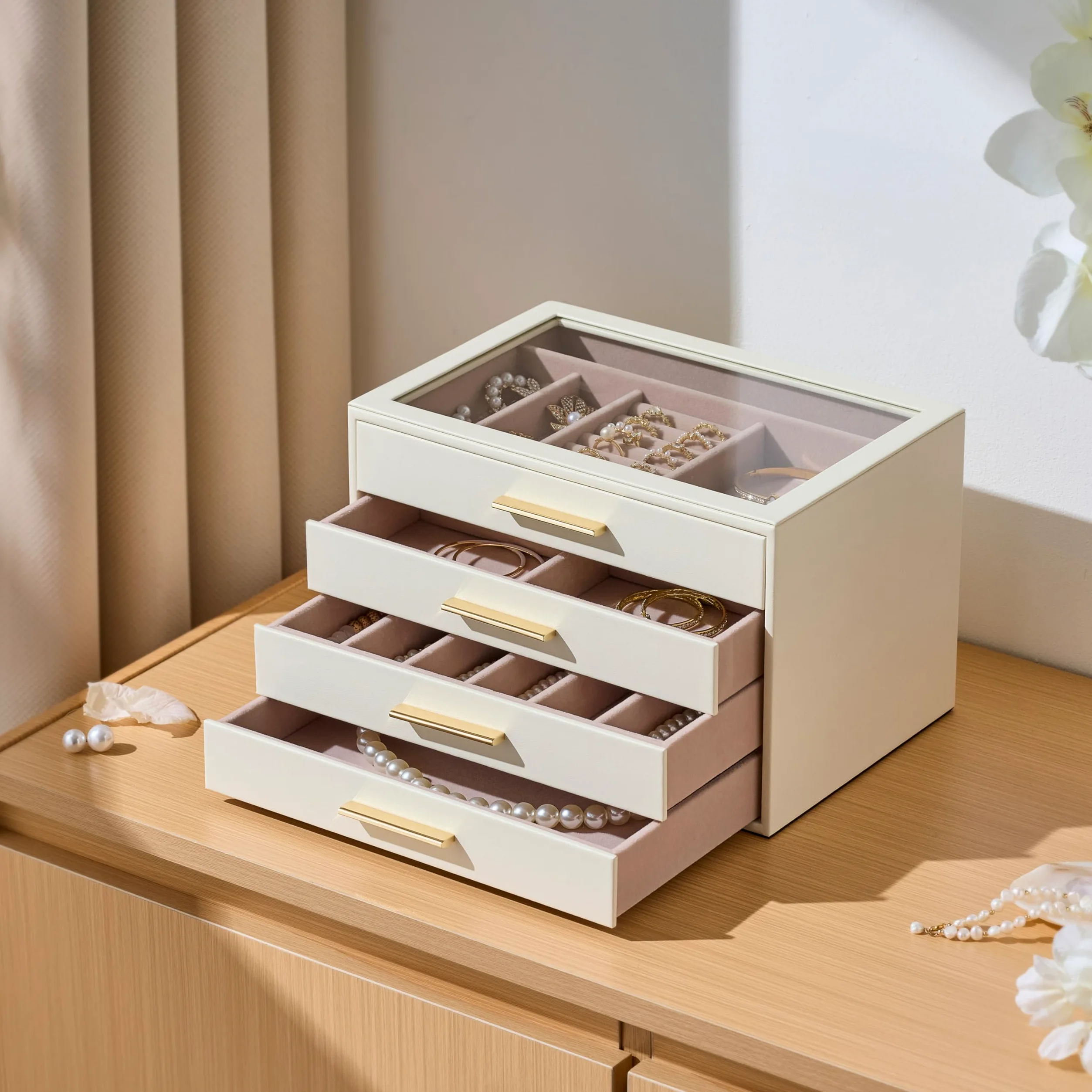 Joyero Organizador para con Ventana de Cristal, Caja Guardajoyas de 4 Capas | Cuero Blanco Marfil y Terciopelo Rosa - Estuche Organizador de Joyas para Anillos, Pendientes, Collares, Pulseras y Relojes,