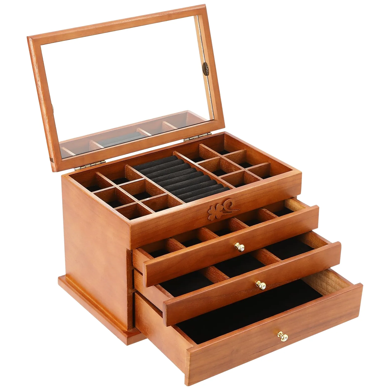 Joyero de 4 Niveles, Organizador de Madera para Joyas para Mujeres, joyero de Madera con Cerradura y Espejo, cajones extraíbles para Joyas, Relojes, Collares, Anillos, Caja de Almacenamiento