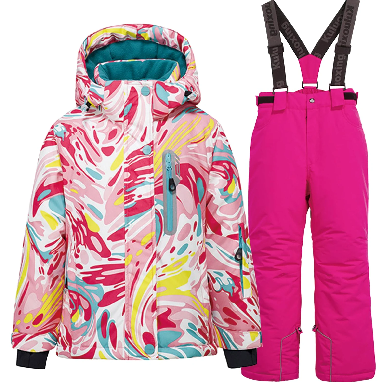 Conjunto de traje de esquí infantil de 2 piezas con capucha, traje de nieve impermeable a prueba de viento para niños y niñas, chaqueta de esquí cálida y pantalones de esquí, rosa brillante