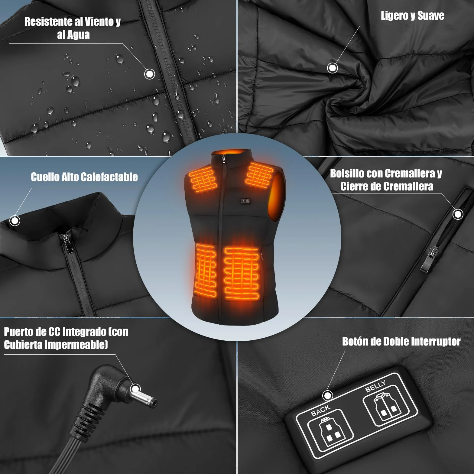 Chaleco Calefactable Hombre con Batería 7.4V 10000mAh, Deepoter Chaleco Térmico Eléctrico 8 Zonas Calefactables, 3 Ajustes de Temperatura, Chaqueta Calefactable - Ideal para Deportes al Aire Libre (L)