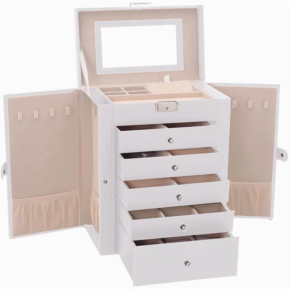 Joyero de 6 capas blanco con espejo y forro interior de terciopelo, se puede cerrar, 26 x 15,5 x 32 cm, con soporte para pendientes, caja de reloj, soporte para cadena, organizador para