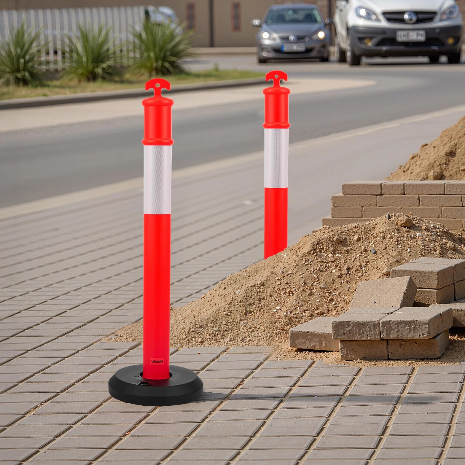 VEVOR Postes de Tráfico 9 Piezas Bolardo 1140 mm Base Rellenable Banda Reflectante Rojo