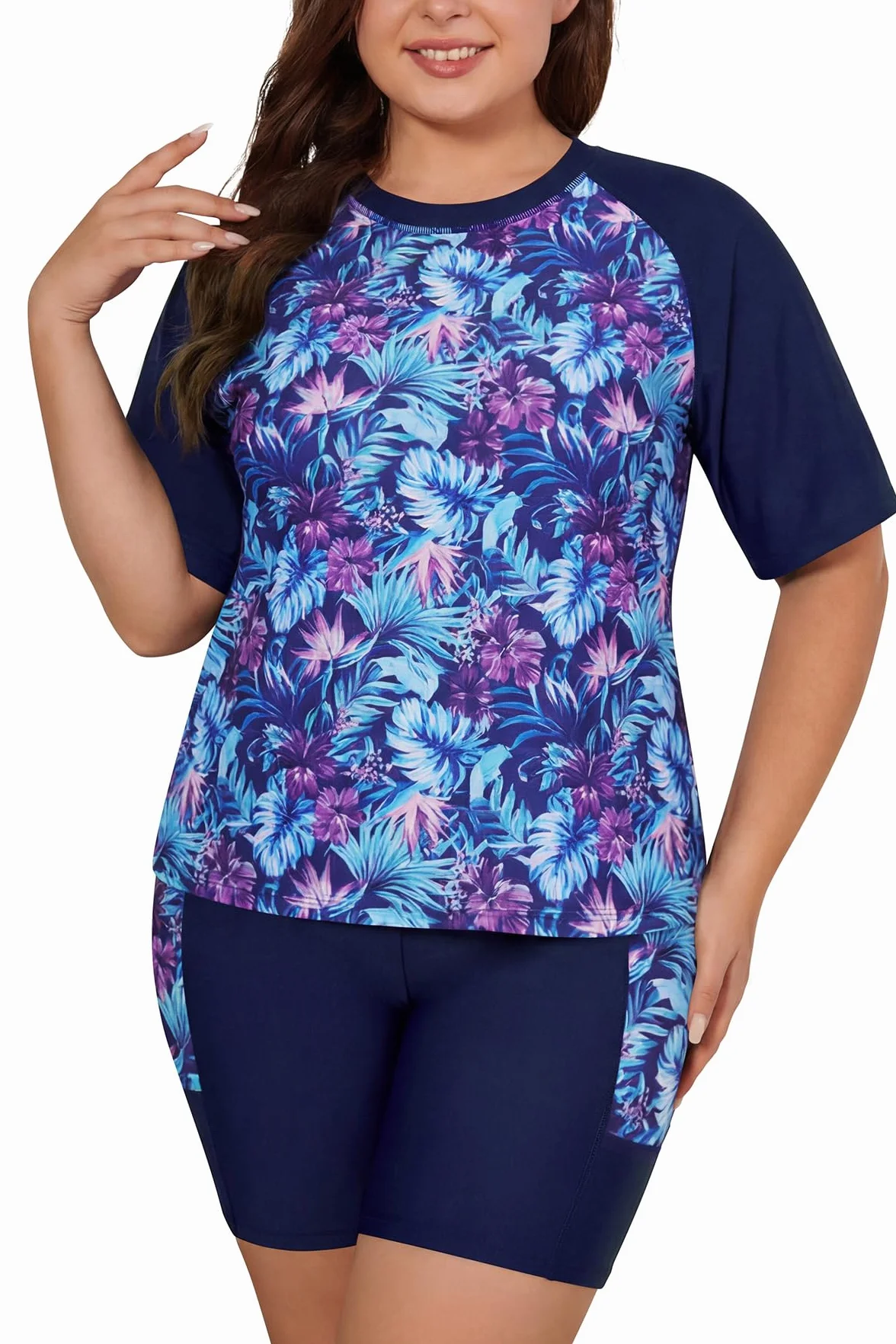 SHEKINI Traje de baño de 2 piezas de talla grande para mujer, brasier integrado, camiseta de natación de manga corta y pantalón corto con bolsillos, trajes de baño