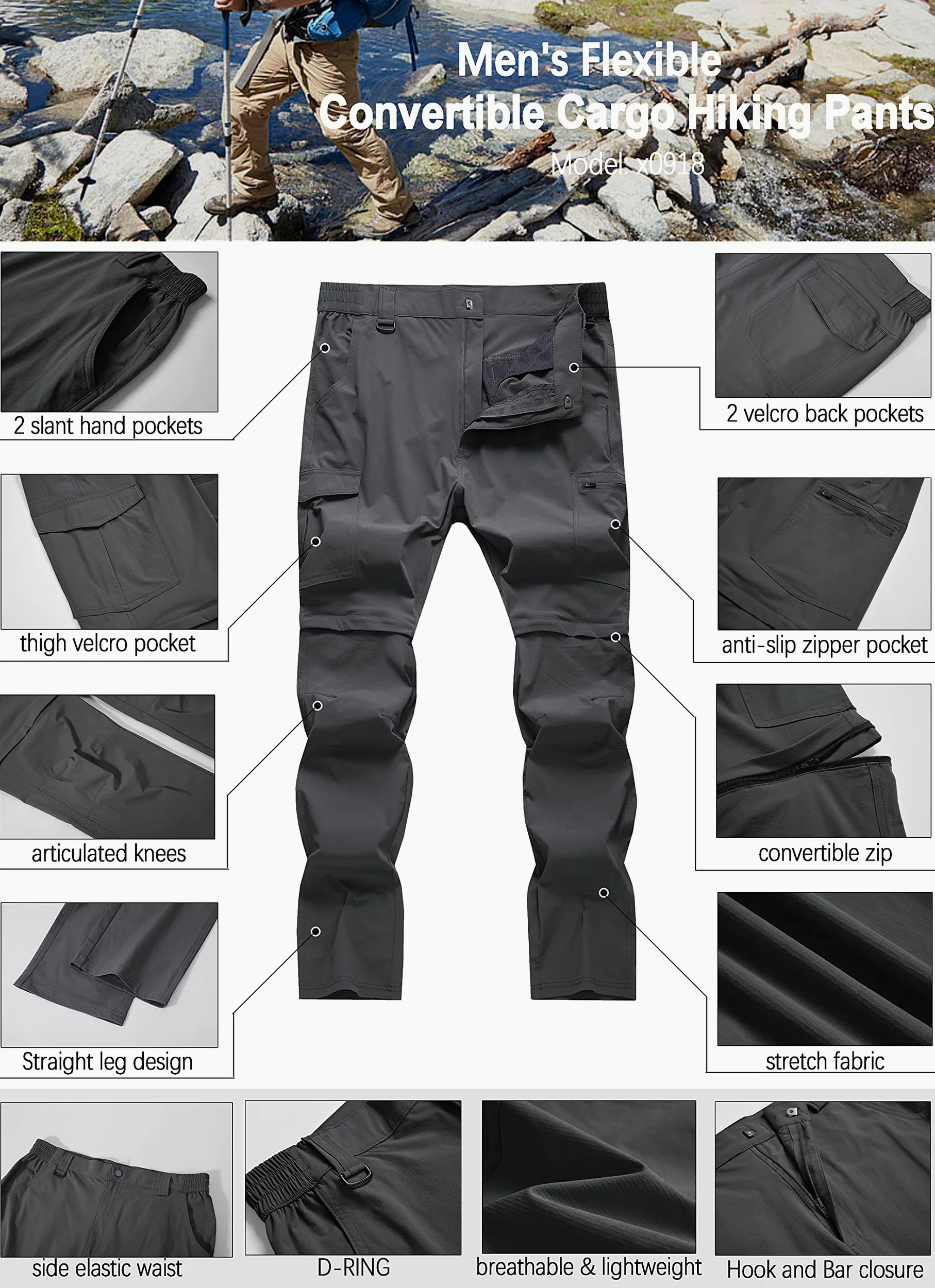 Pantalones de senderismo para hombre, convertibles, ligeros, impermeables, de secado rápido, para exteriores, pesca, viajes, safari, camping
