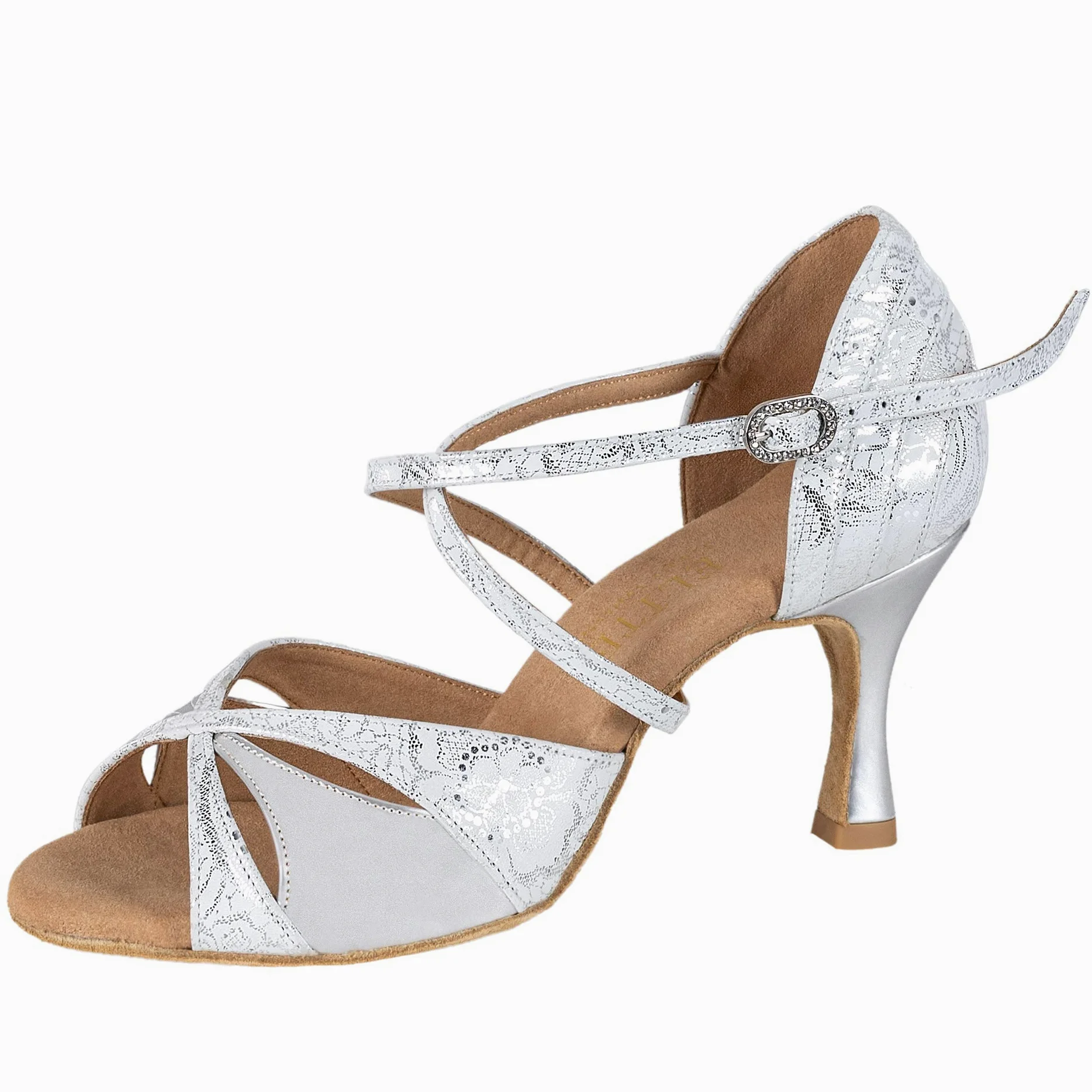 Rummos Mujeres Zapatos de Baile Elite Paloma 084/009 - Cuero Blanco Plateado - 6 cm Flare - Normal - Made in Portugal