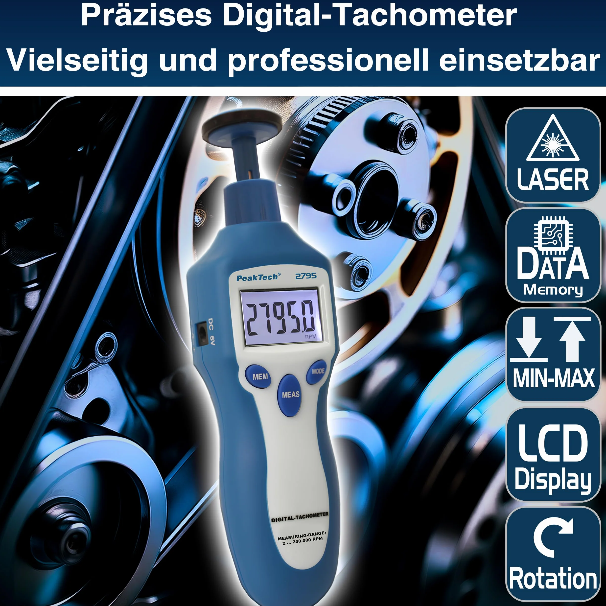 PeakTech 2795 Tacómetro Digital Láser Pantalla LCD 13 Dígitos 5 mm