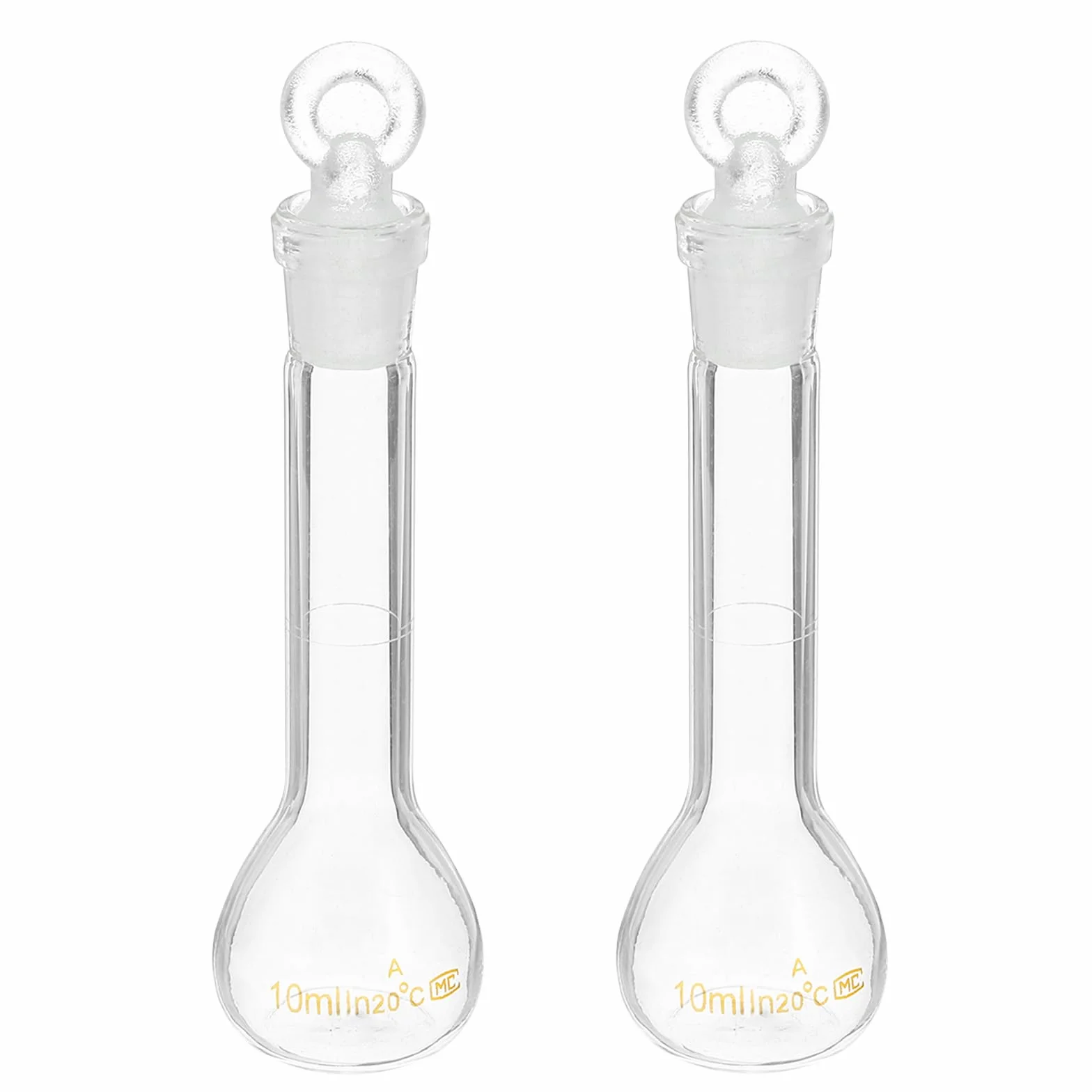 Matraz Volumétrico de 10 ml, 2 Unidades, Vidrio Borosilicato 3.3 con Tapón de Vidrio