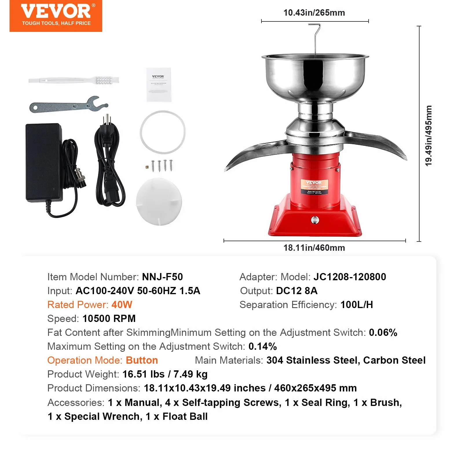 VEVOR Separador de Leche Eléctrico 100 L/H 10500 RPM Acero inoxidable 304