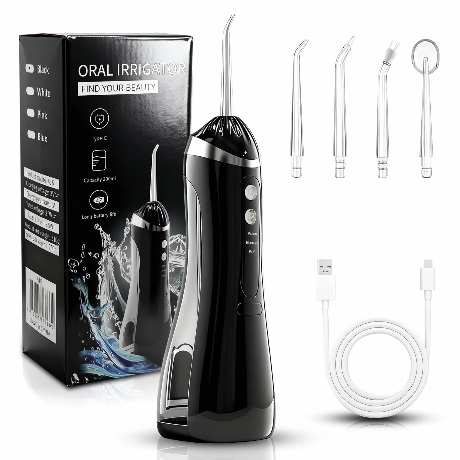Irrigador Dental Portátil 200ML Inalámbrico IPX7 Impermeable Sin BPA USB-C Recargable Water Flosser
