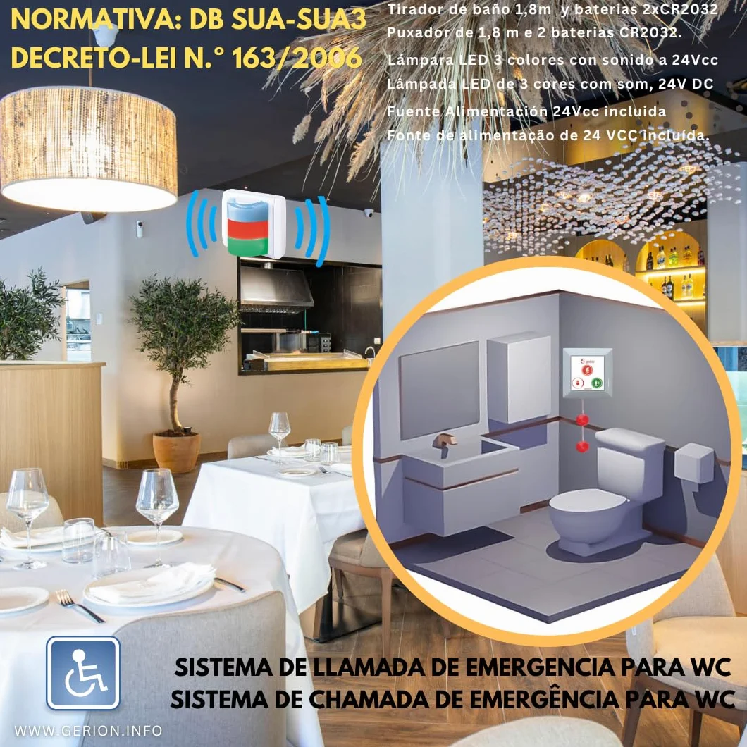 Kit Llamada Alarma Emergencia Inalámbrico Tirador Pulsador Aviso Acústico Lámpara Alta Visibilidad Baños Asistidos Adaptados