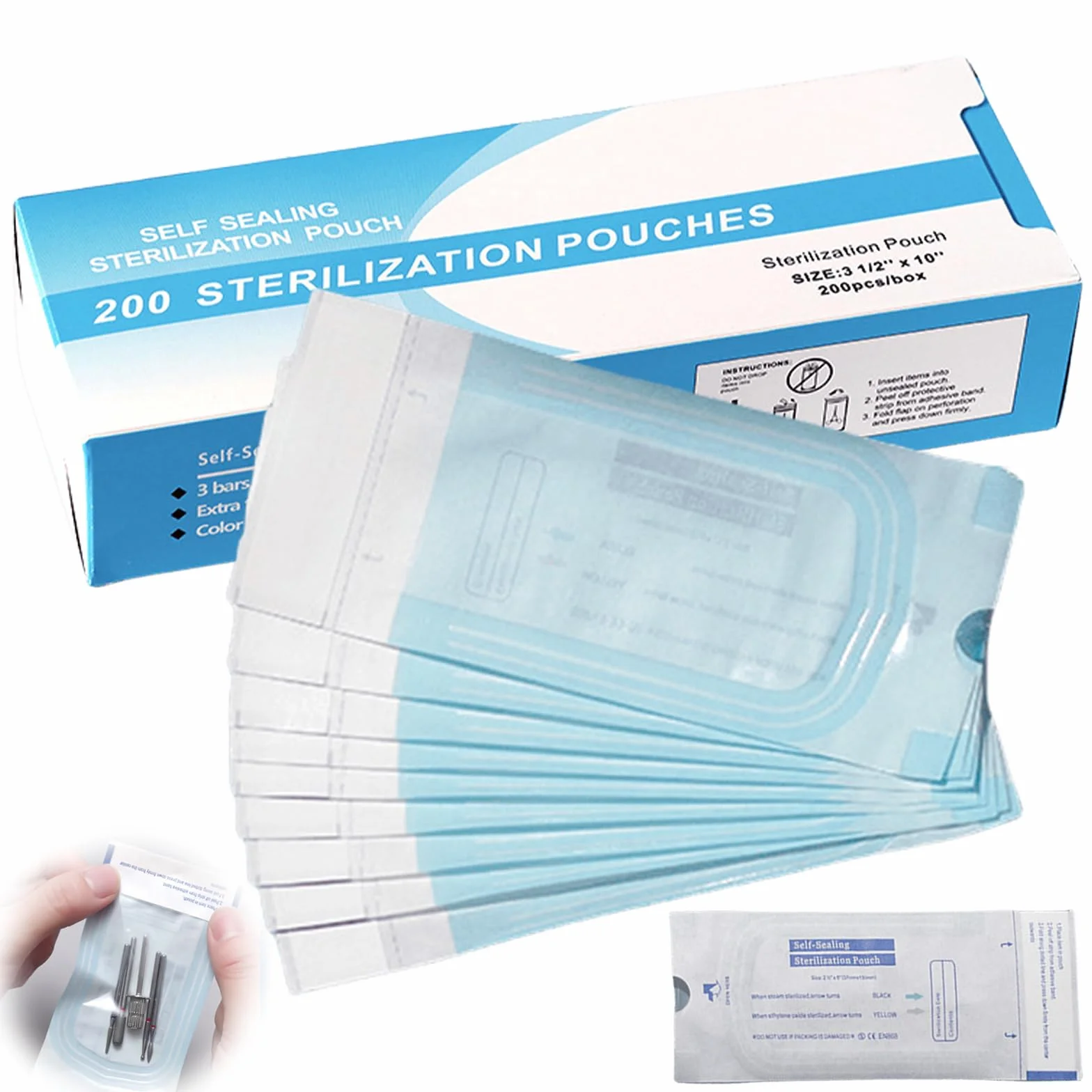 Bolsas de Esterilización Autoadhesivas 90mm x 260mm, 200 Unidades
