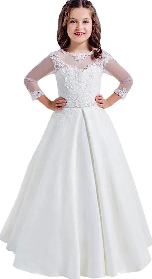 Vestidos Blancos de comunión para niñas Vestido de niña de Flores de Manga Larga para Boda Vestido de Fiesta para niñas Vestido Formal