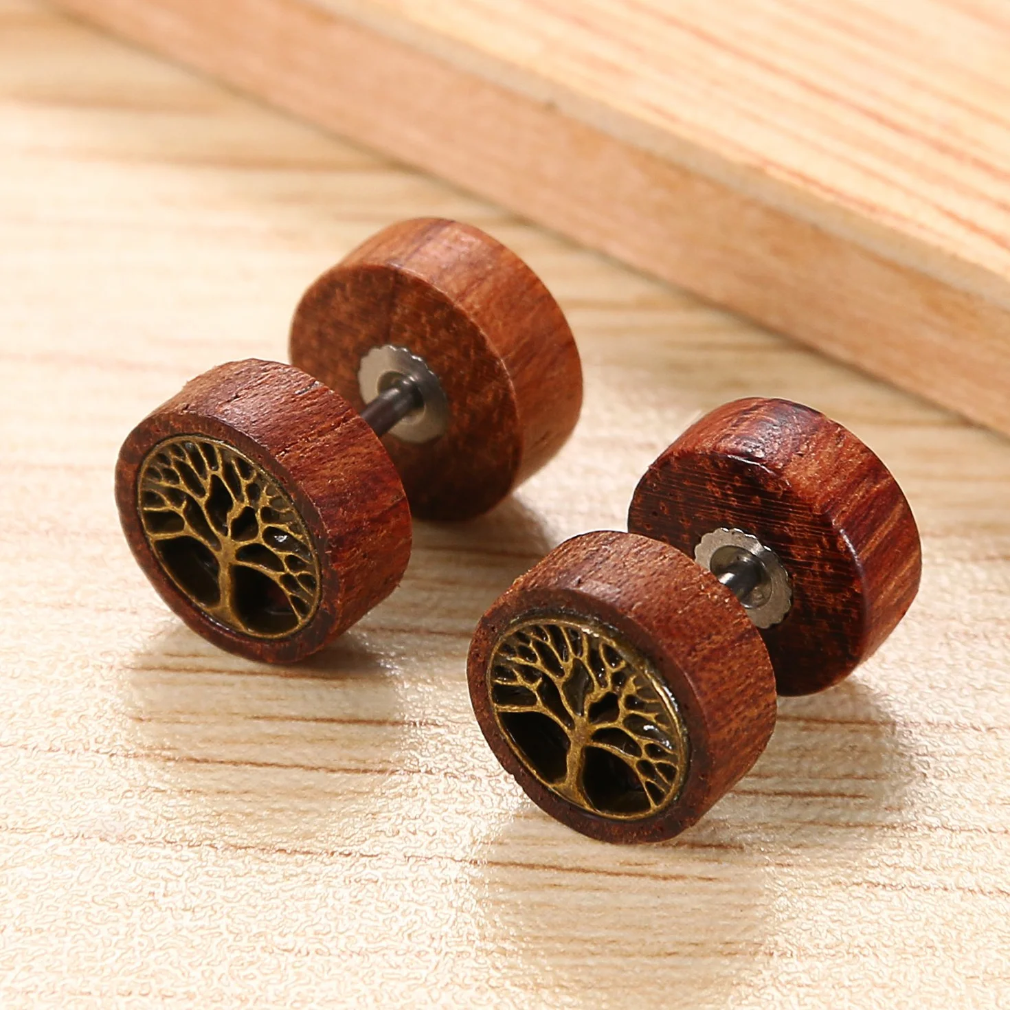 Flongo - Pendientes de acero inoxidable, madera, retro, árbol de la vida, león, cabeza de fantasía, pendientes de color marrón para hombre y mujer