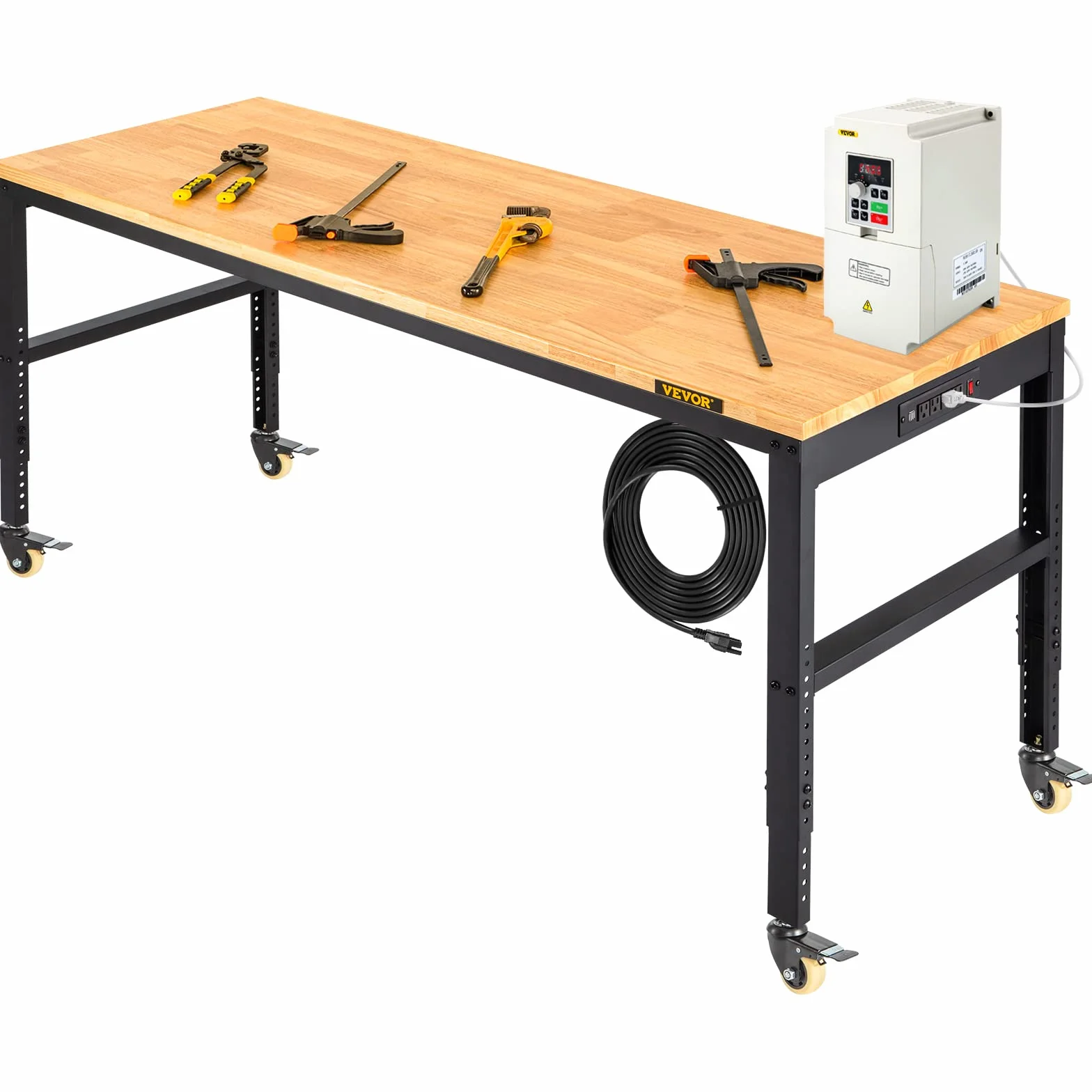 VEVOR Banco de Trabajo Altura Ajustable 80-105 cm 155x51 cm Tablón de Roble Marco de Acero 720 kg