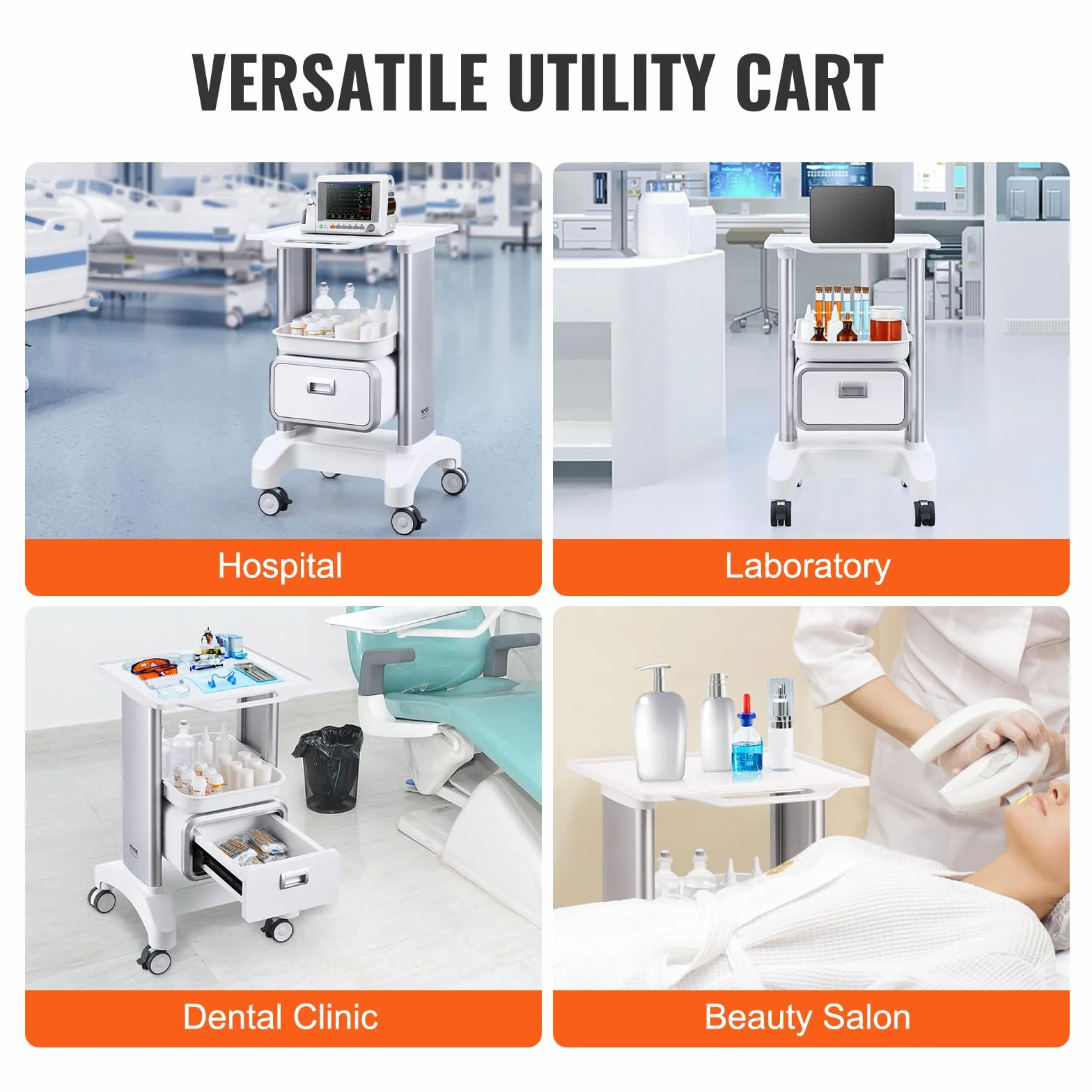 VEVOR Carro Médico de 2 Niveles con 1 Cajón, Bandeja Superior, Ruedas Silenciosas, ABS, Blanco