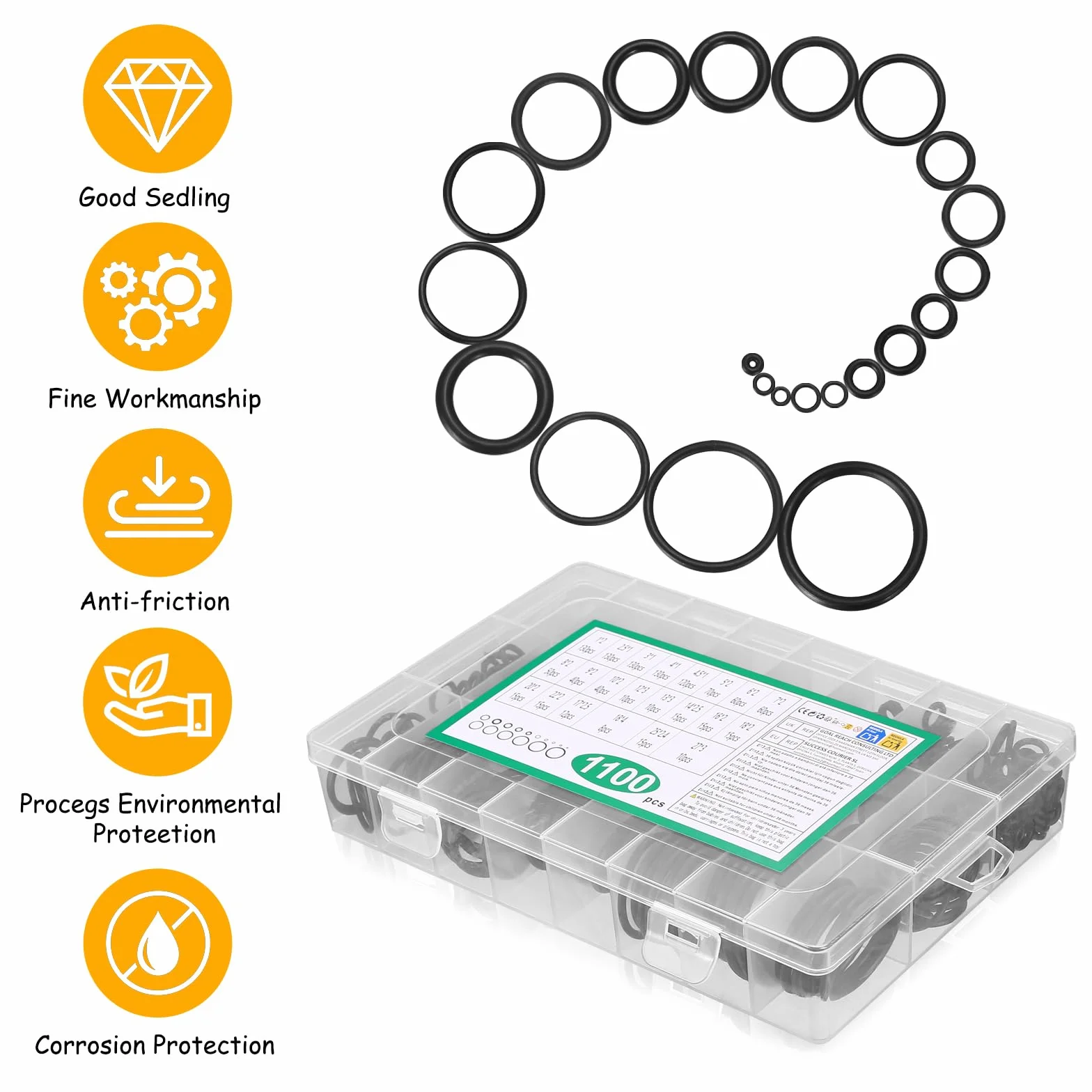 1100 Pcs Juntas Tóricas de Goma, O-Ring Kit para Reparación de Grifos Automotrices y Plomería