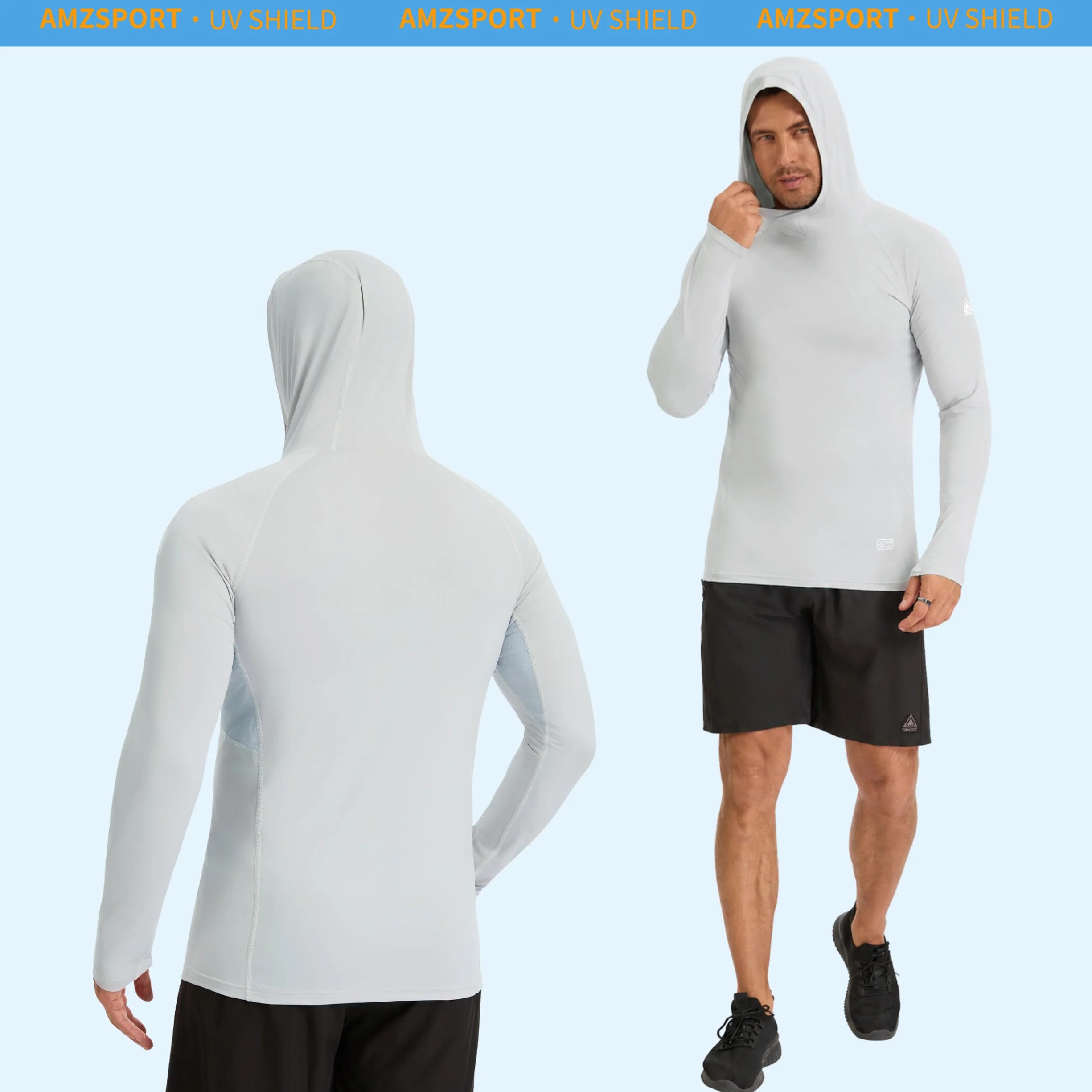 AMZSPORT Sudadera con Capucha UPF 50+ para Hombre, Camiseta de Manga Larga con Protección Solar UV, Rashguard