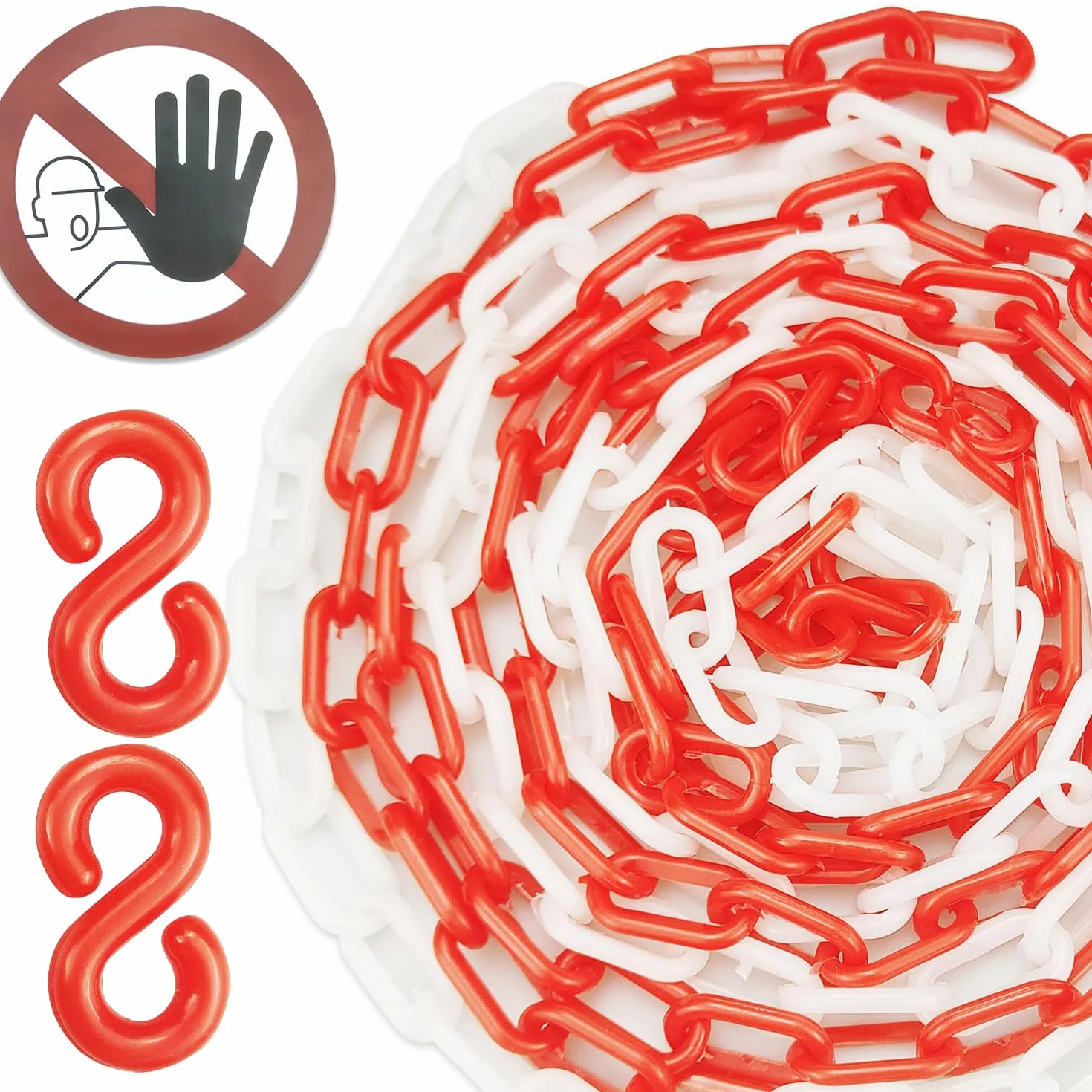 Cadena de barrera de plástico rojo y blanco 5 M con ganchos