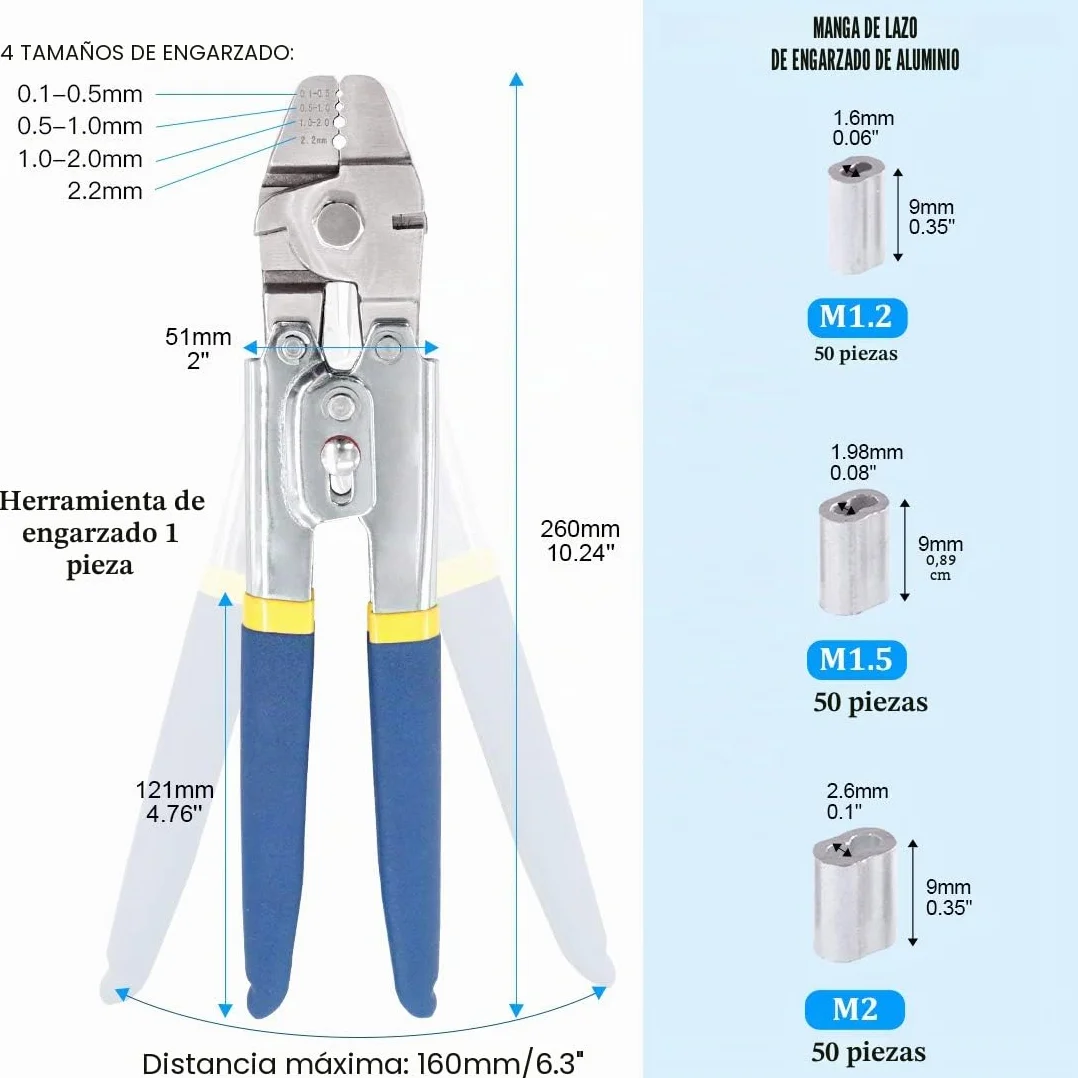 Glarks Crimpadora de cable de alambre, hasta 2,2 mm, 150 unidades, 3 tamaños, aluminio de doble manguito