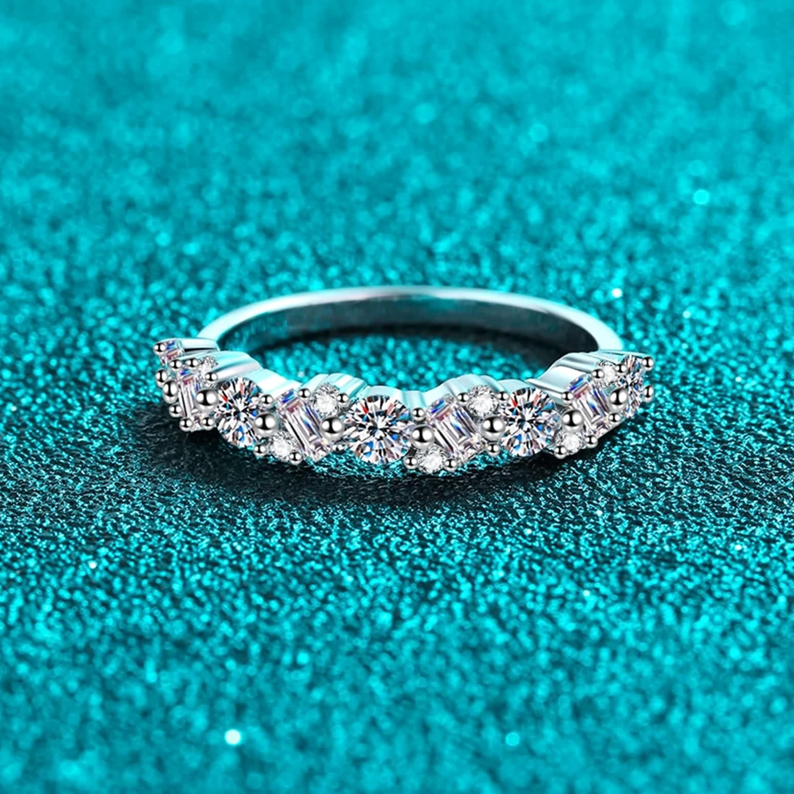 Anillos de Alianza Oro Blanco para Mujer 9 Kilates / 14 Kilates / 18 Kilates, Media Eternidad con Diamante Creado de 0,9ct, Anillo Plata Boda Mujer