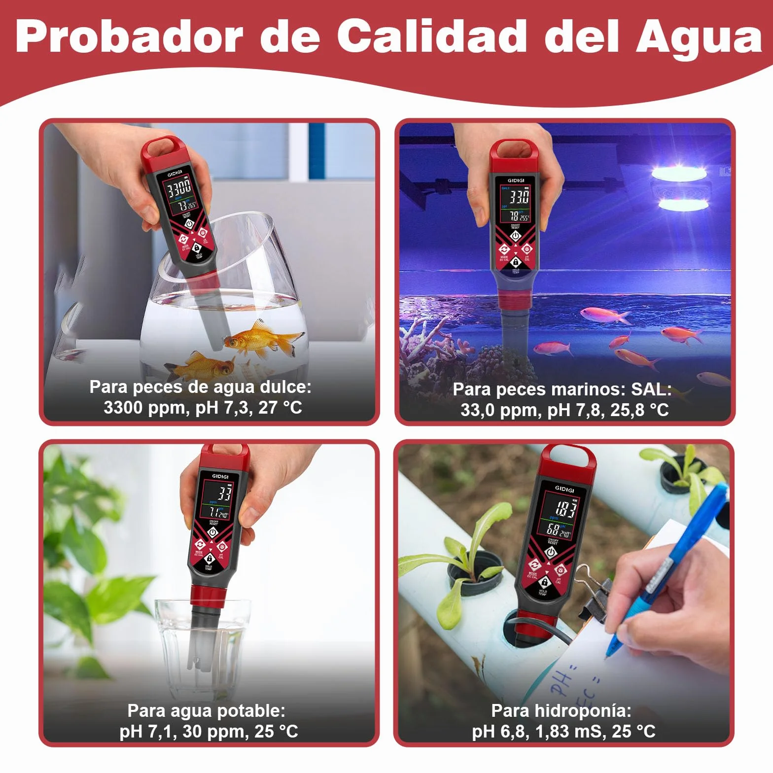 Medidor Digital 5 en 1 Salinidad pH EC TDS con Pantalla Color y Solución Calibración para Piscinas Agua Salada Acuarios Hidroponía