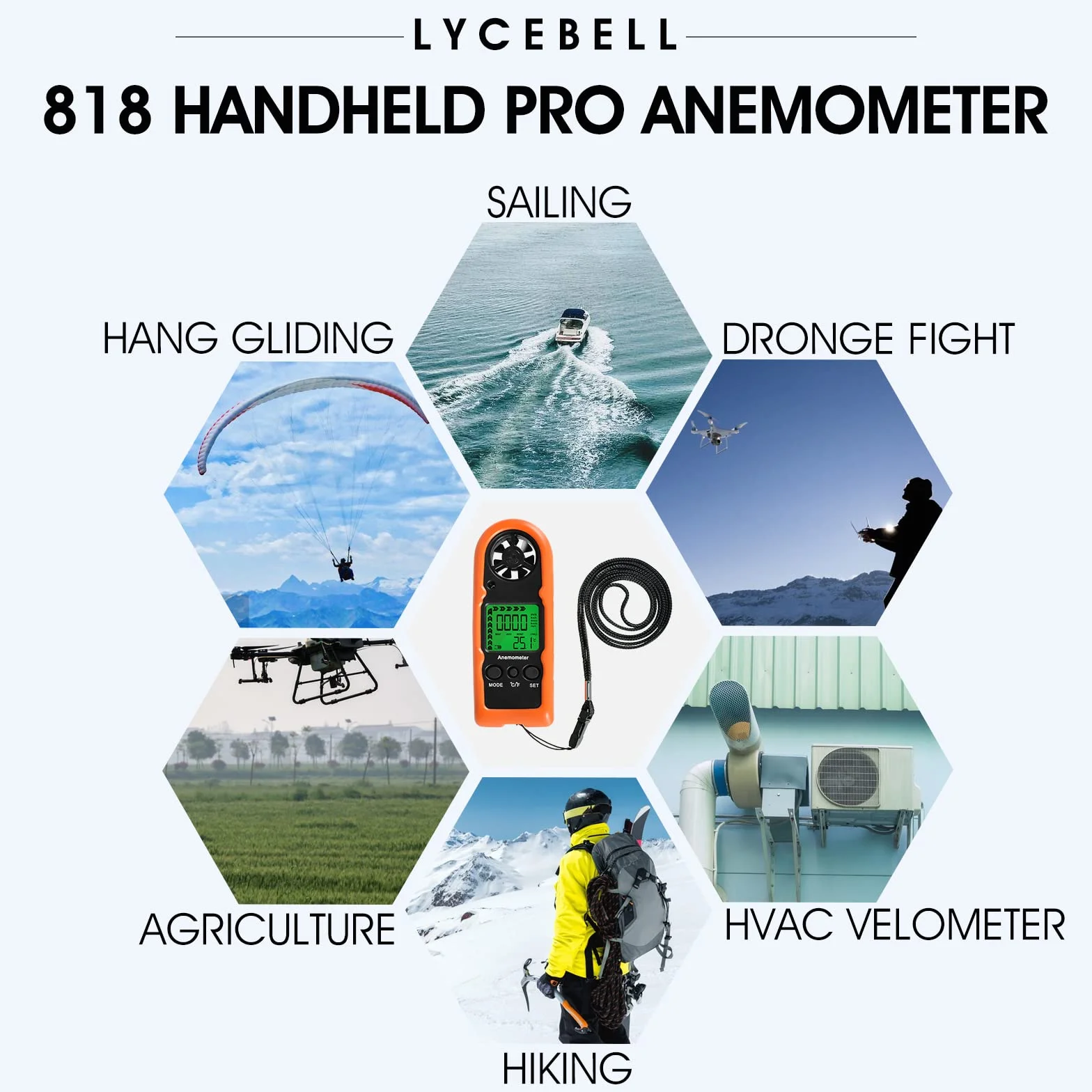 Anemómetro Digital de Mano LC-818 Portátil Medición Velocidad del Viento Temperatura