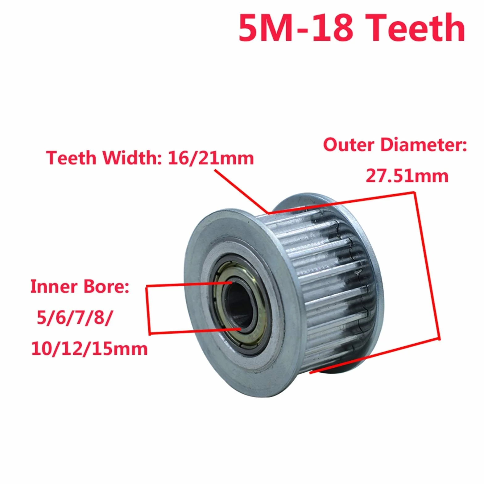 Polea de distribución HTD5M 18T, ancho 16/21mm, soporte de rodamientos, agujero 5-15mm