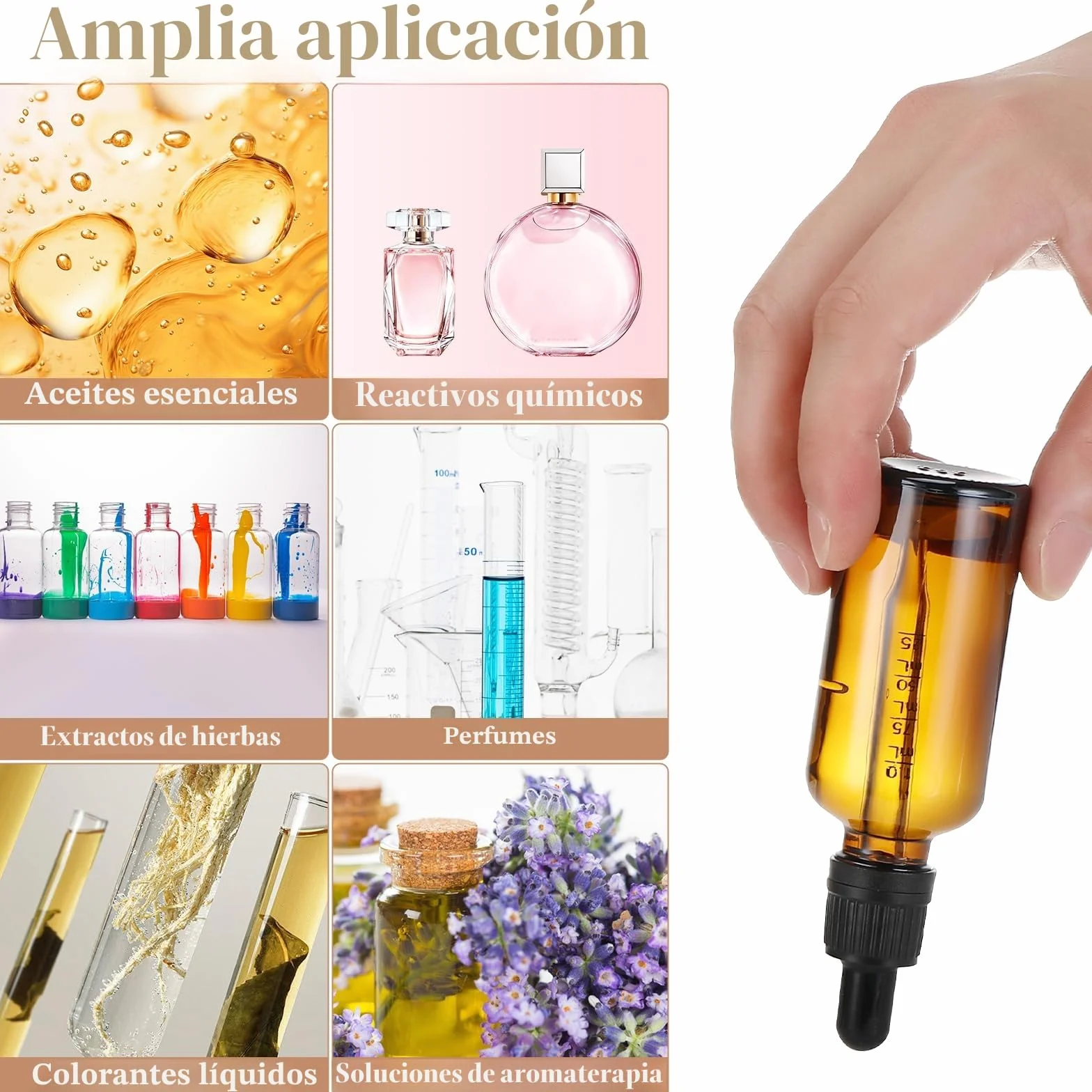 Frascos de vidrio marrón 50 ml con pipeta para aceites esenciales - 6 unidades