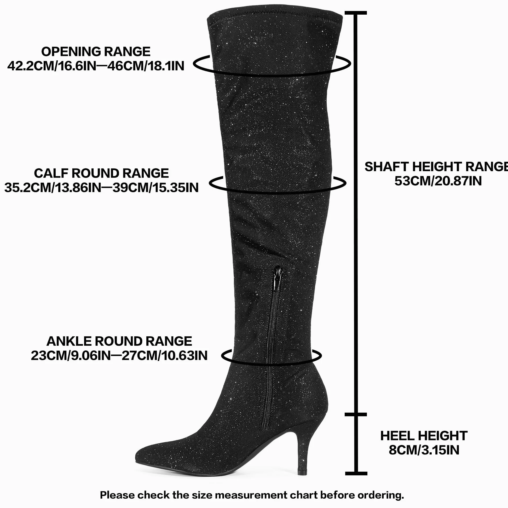 Allegra K Botas altas de tacón de aguja con punta de purpurina para mujer, Negro, 42 EU