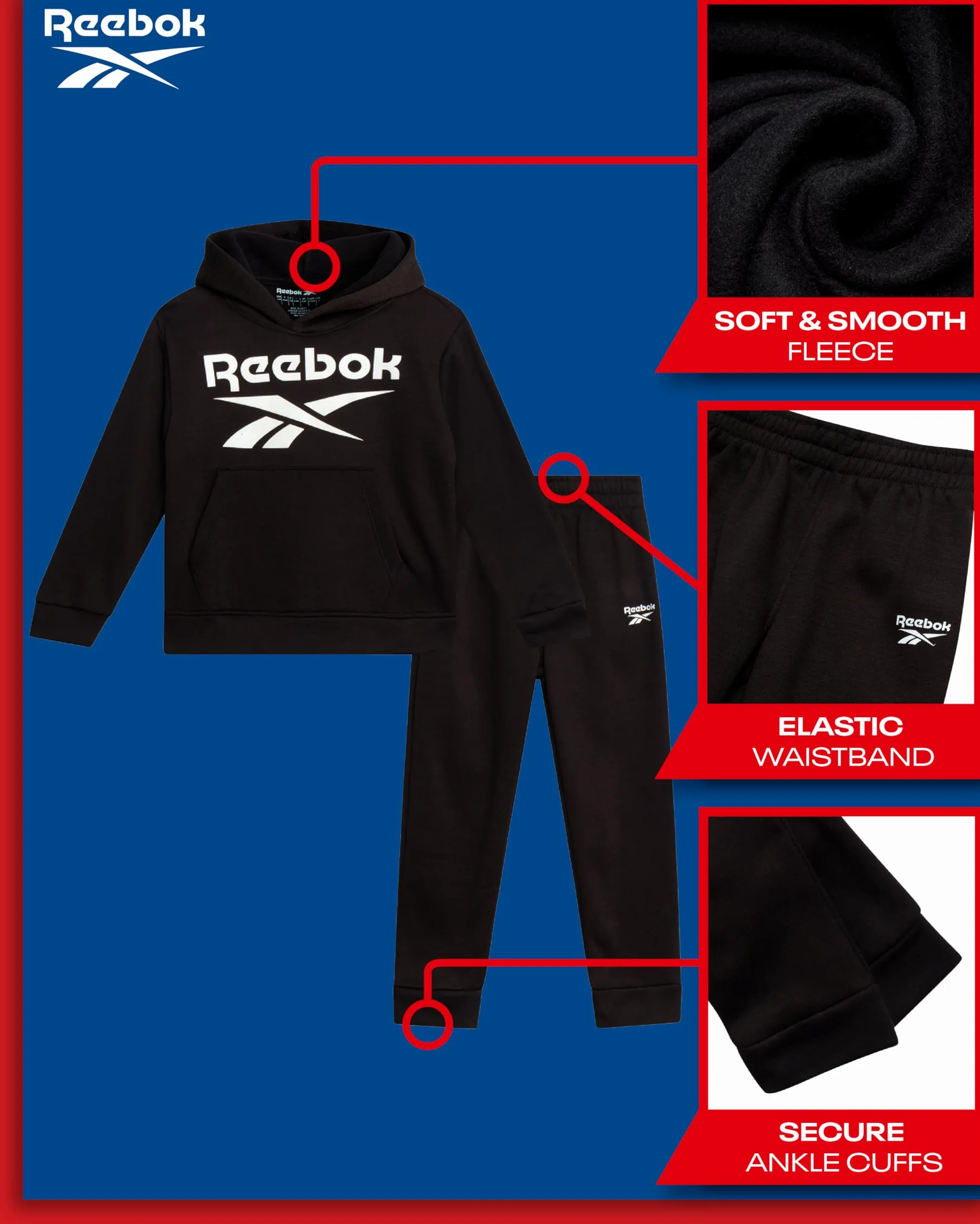 Reebok Conjunto de sudadera con capucha y pantalones deportivos de forro polar de 2 piezas (tallas: 2T-7)