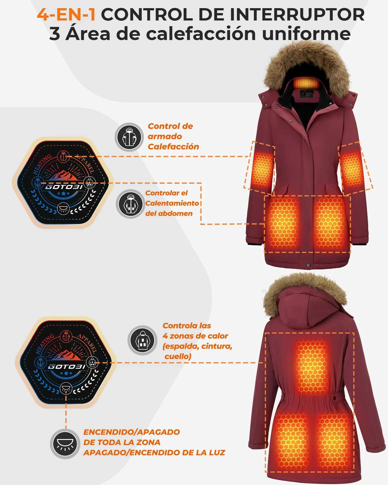 Chaqueta Calefactable Mujer Con Batería De 12V 18400 Mah, 8 Zonas De Calentamiento con 3 Niveles de Temperatura, Chaqueta Cortaviento y Cálido de invierno con Capucha de ExtraíBle,Rojo,S