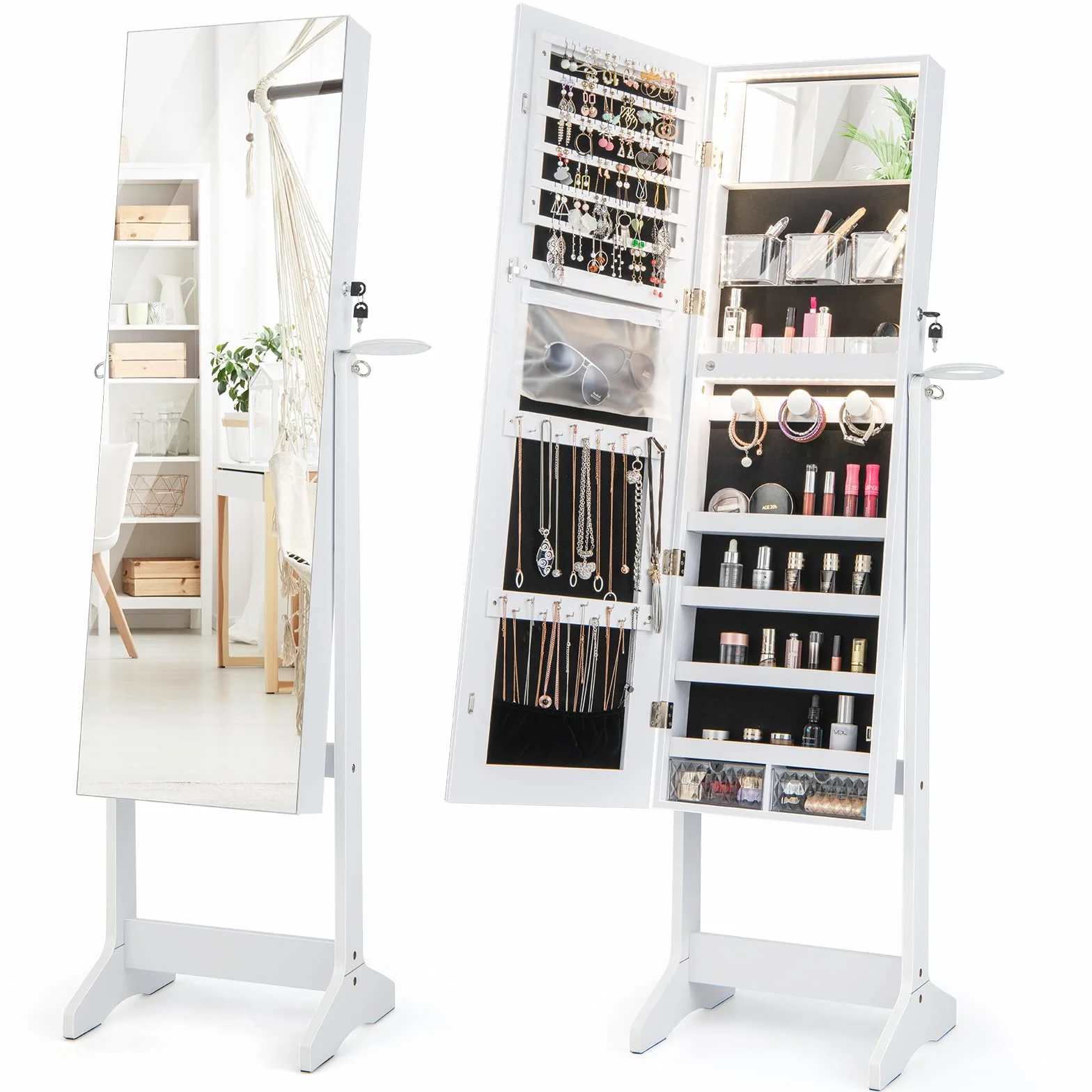 COSTWAY Armario de Joyas de Pie, Organizador de Joyas con Espejo de Cuerpo Entero, Organizador de Joyería con Luces LED de 3 Colores, Soporte para Secador de Pelo y Almacenamiento de Joyas (Estilo 1)