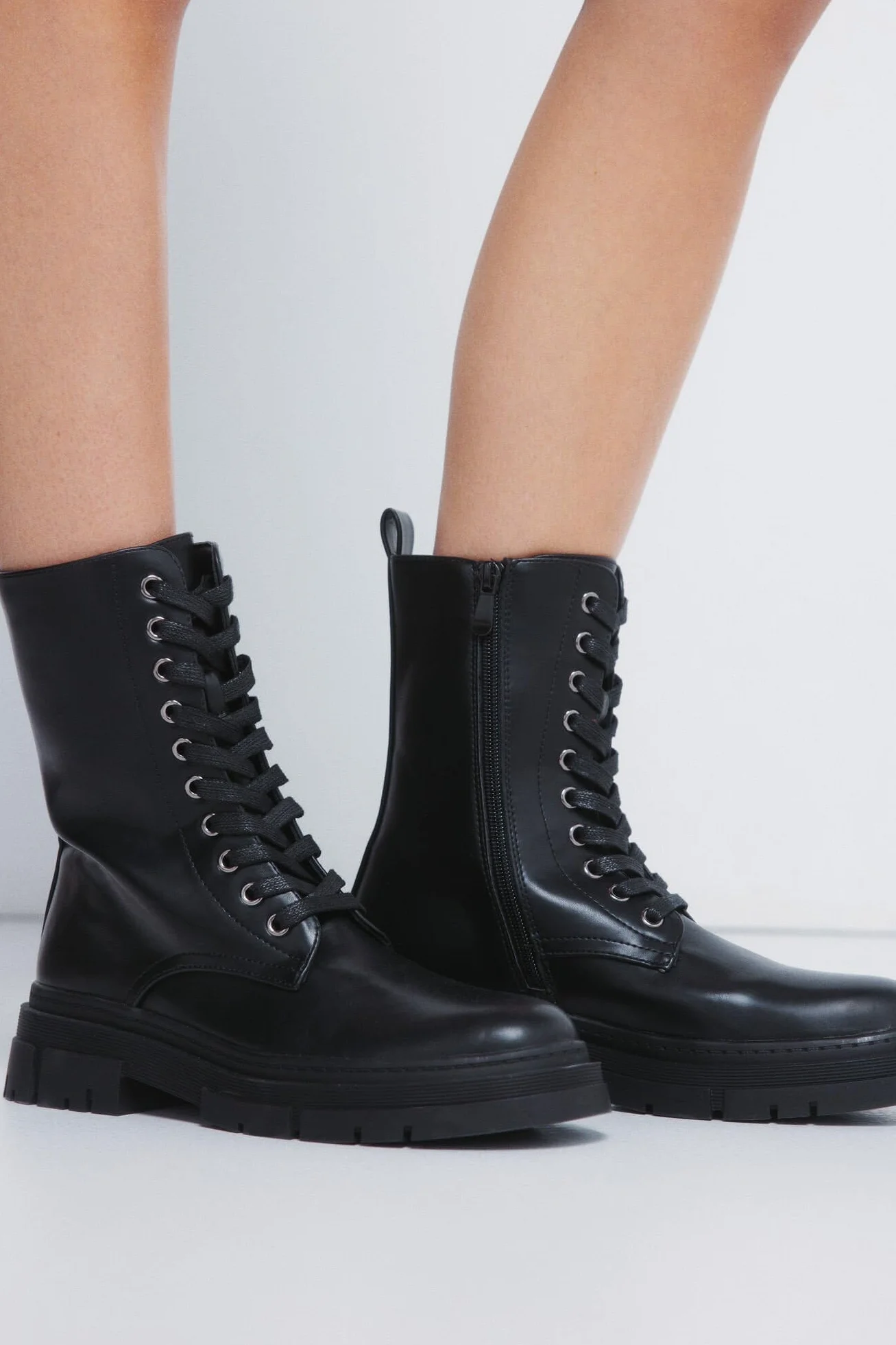 SPRINGFIELD Black PU Military Boot, Bota Militar Mujer