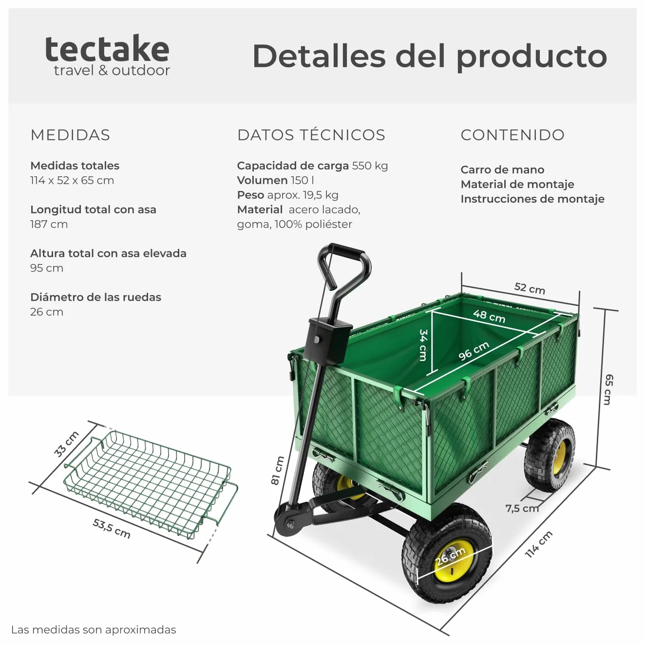 Tectake 401418 Carrito de Transporte con Bandeja 550kg Metal 114x52x65 cm
