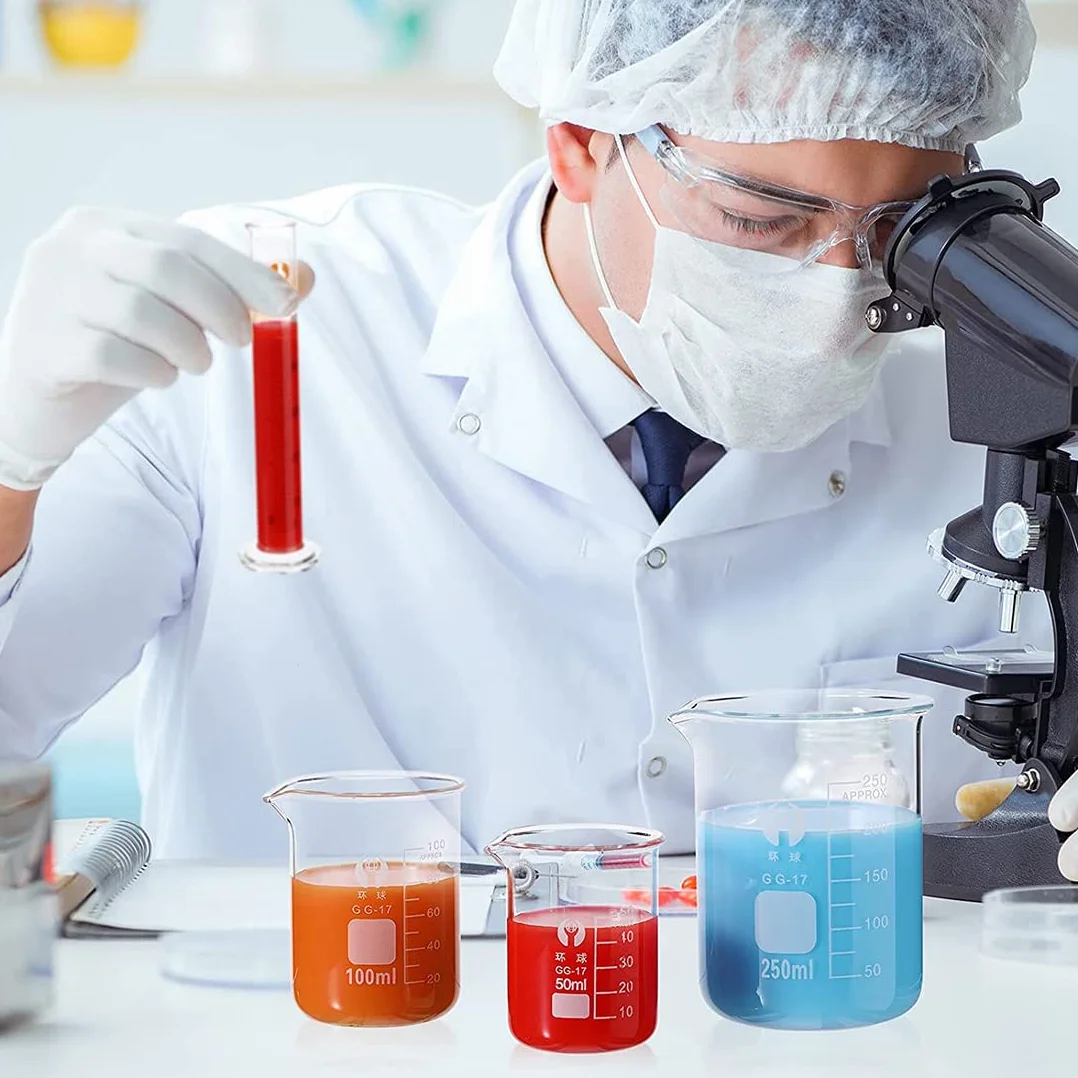 Set de Vasos de Precipitados de Cristal 50ml 100ml 250ml 500ml 1000ml Cilindro Graduado Laboratorio 10ml 25ml 50ml 100ml con Goteros Varillas Agitar Cepillos Limpieza
