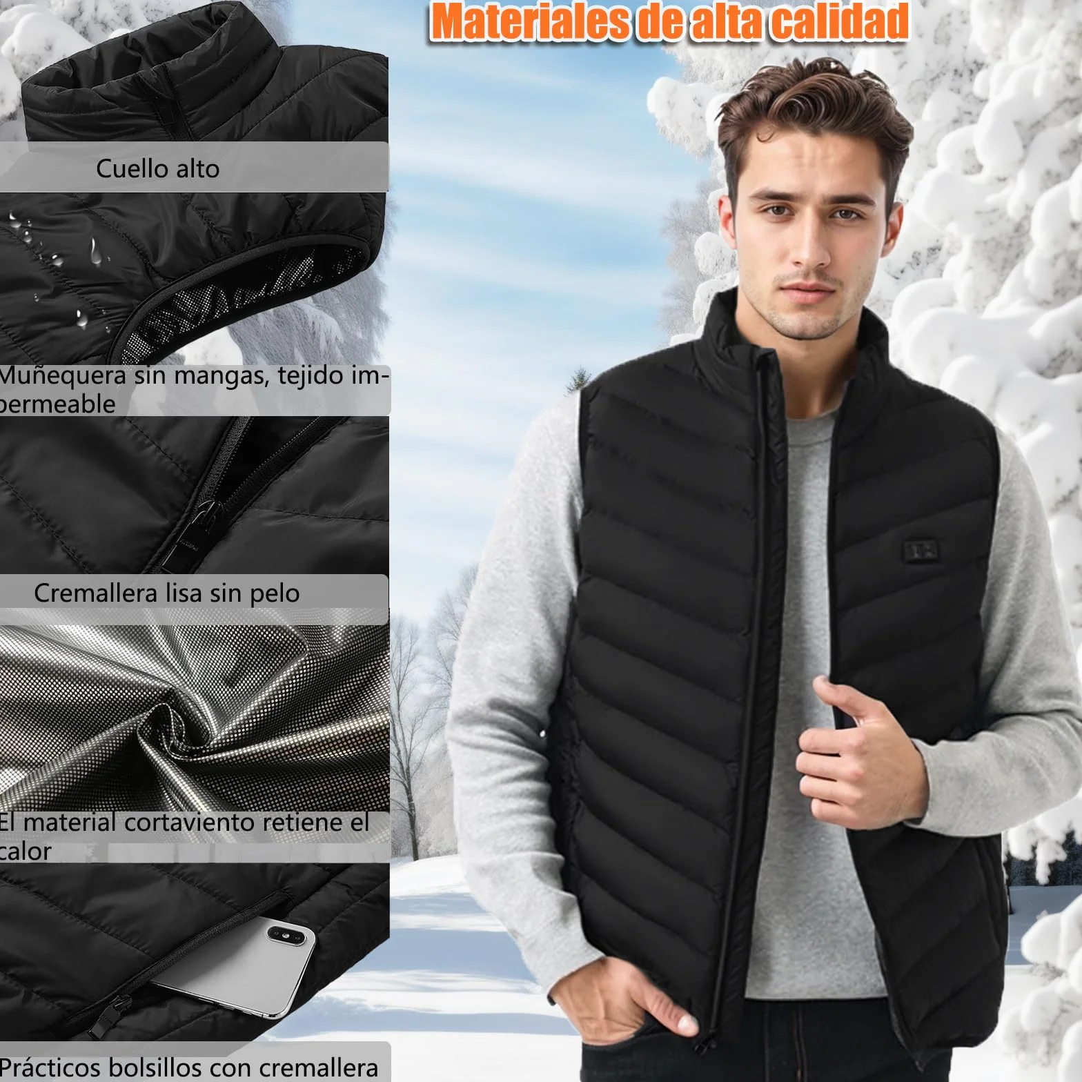 Ahigh Chaleco Calefactable hombre mujer, Chaleco Termico con Bateria, Chalecos Calefactables 9 Zonas de Calentamiento y 3 temperaturas ajustables, Chaleco calefactable para actividades al aire