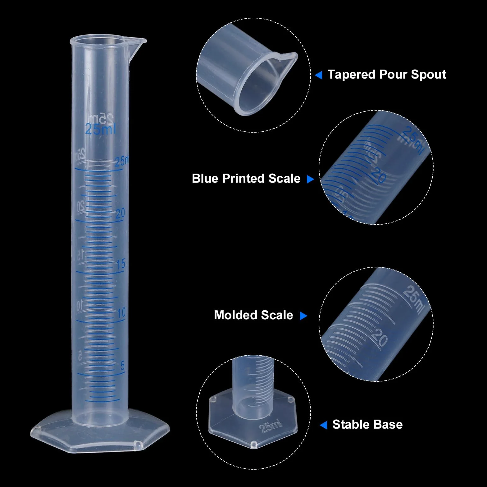 QUARKZMAN Cilindro Graduado de Plástico 25ml Medidor Tubos de Ensayo Base Hexagonal Transparente 10 Unidades
