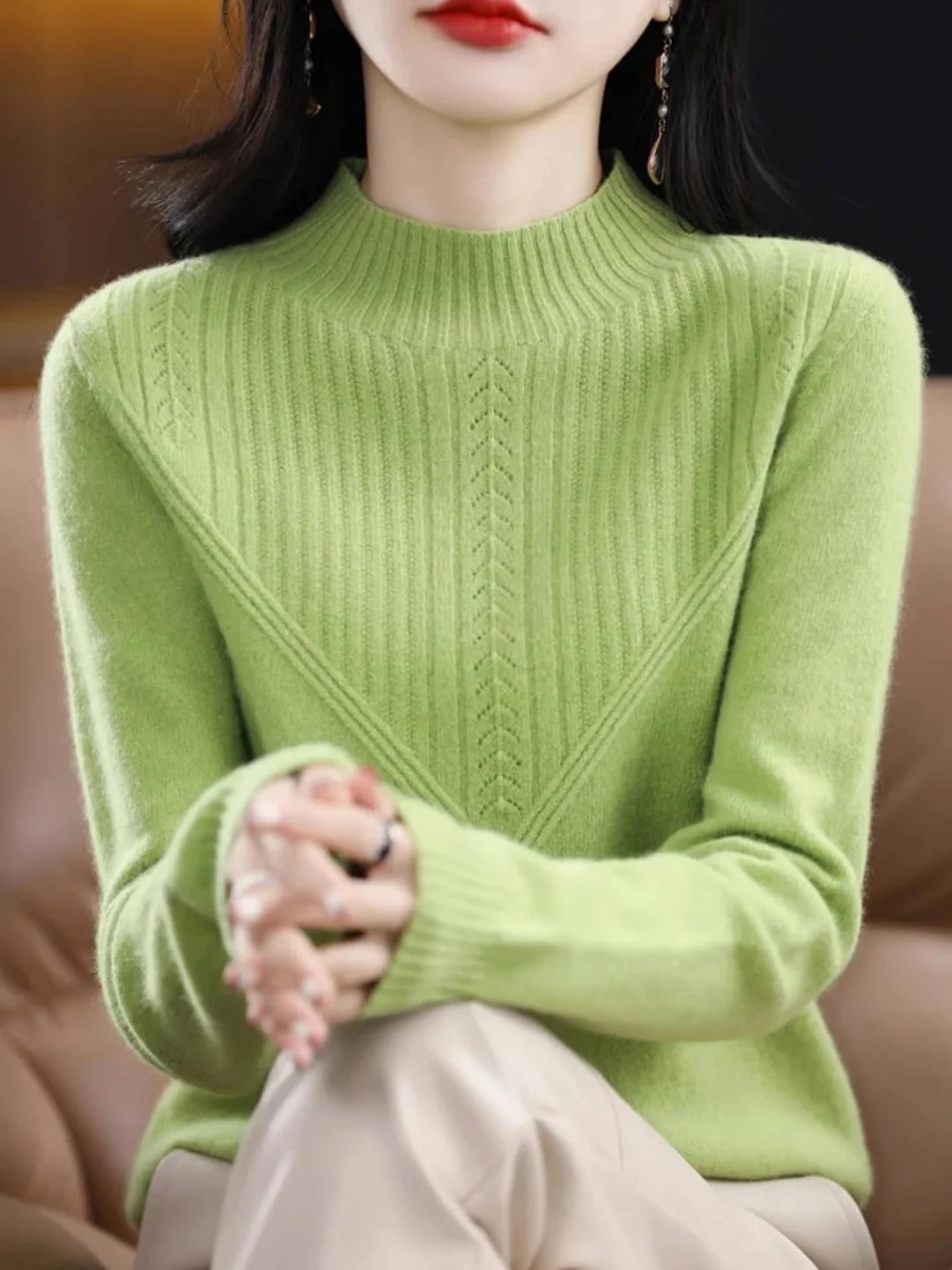 Suéter De Lana 100% para Mujer, Jersey De Punto Sin Costuras con Cuello Medio Alto De Cachemira Y Patrón Hueco