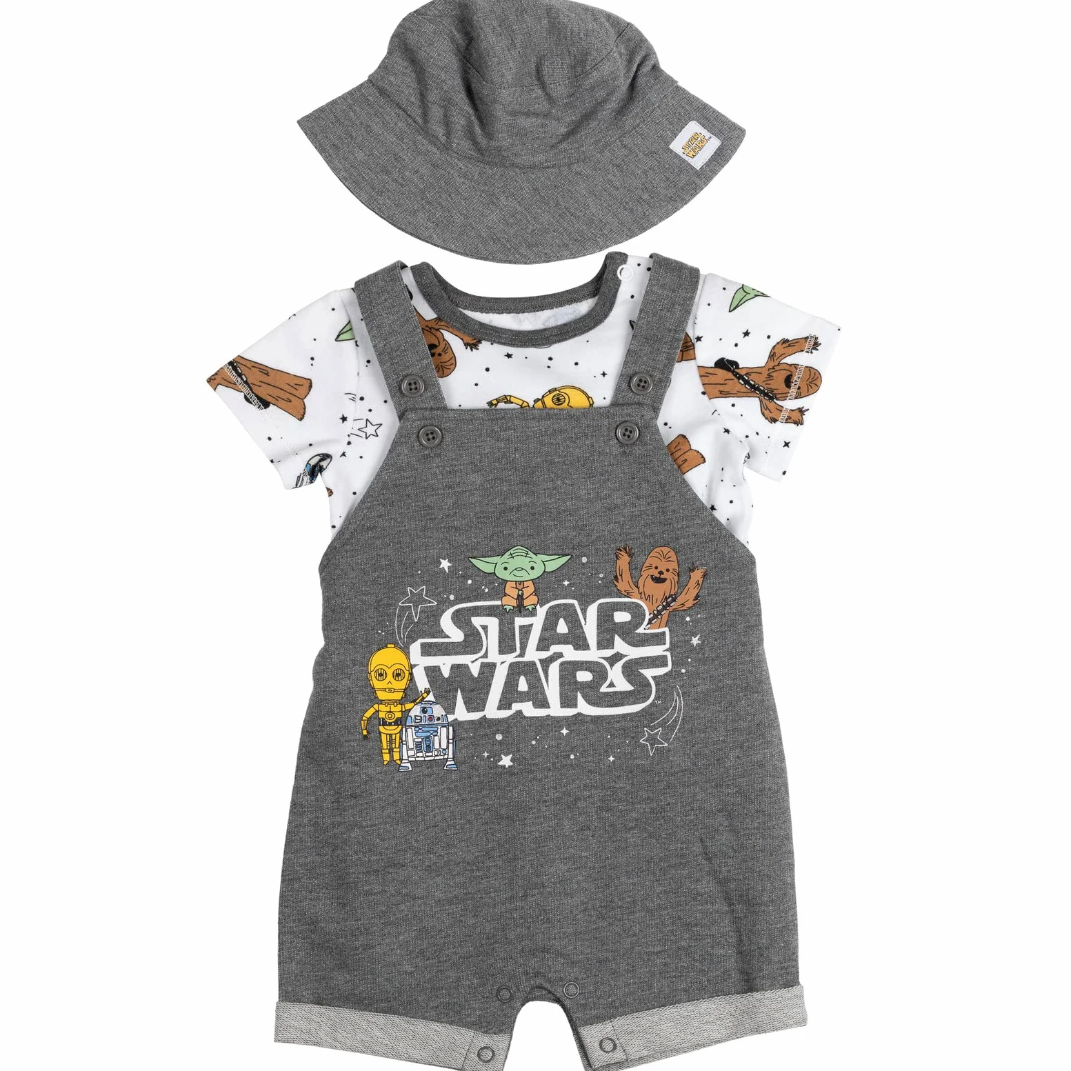 Star Wars Yoda And Friends Baby Boys 3 Piece Set: Short Overalls T-Shirt Hat 0-3 Months