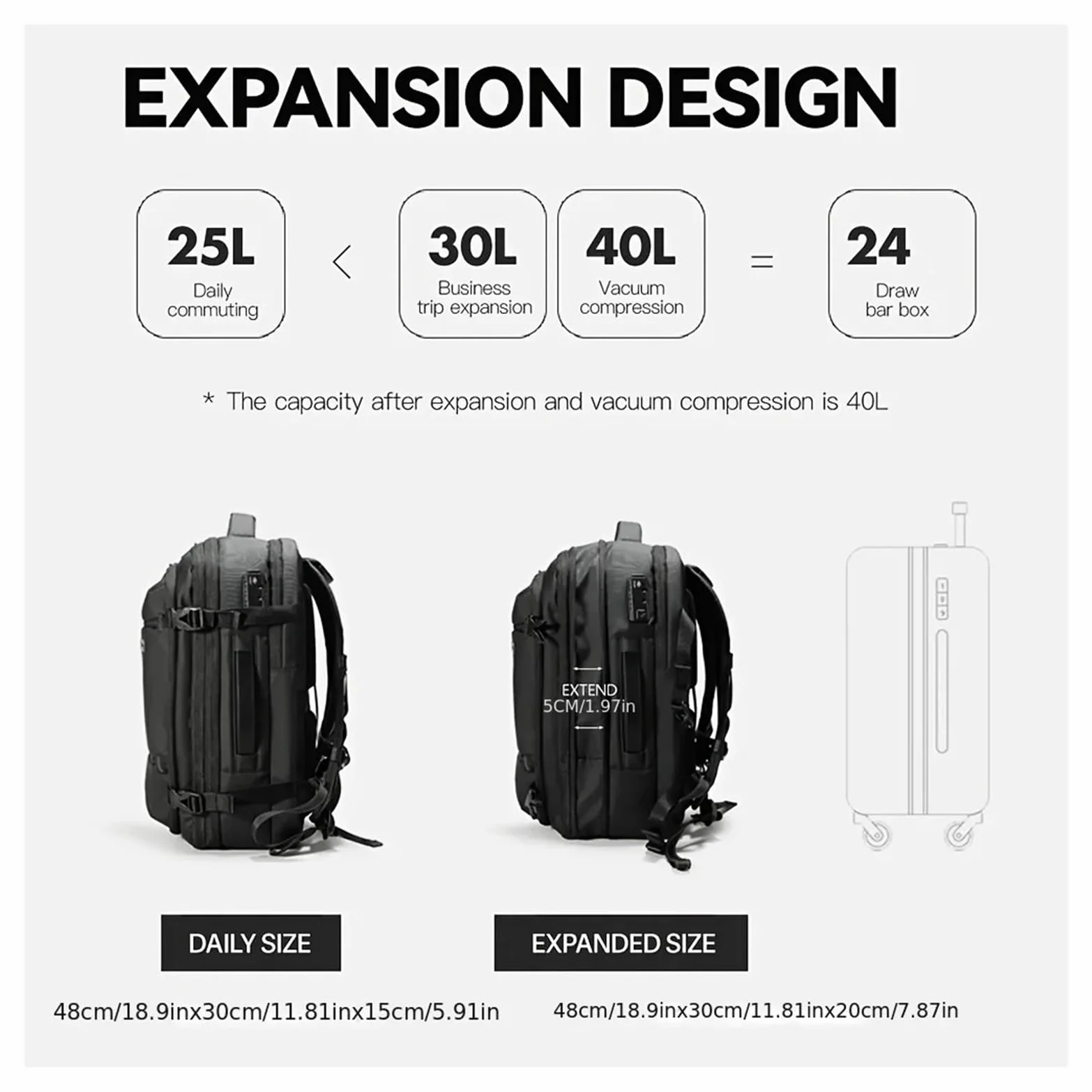 Mochila de compresión al vacío Mochila Ampliable De 40 L con Compresión Al Vacío, Mochila De Vacío Impermeable Y Antirrobo De Viaje
