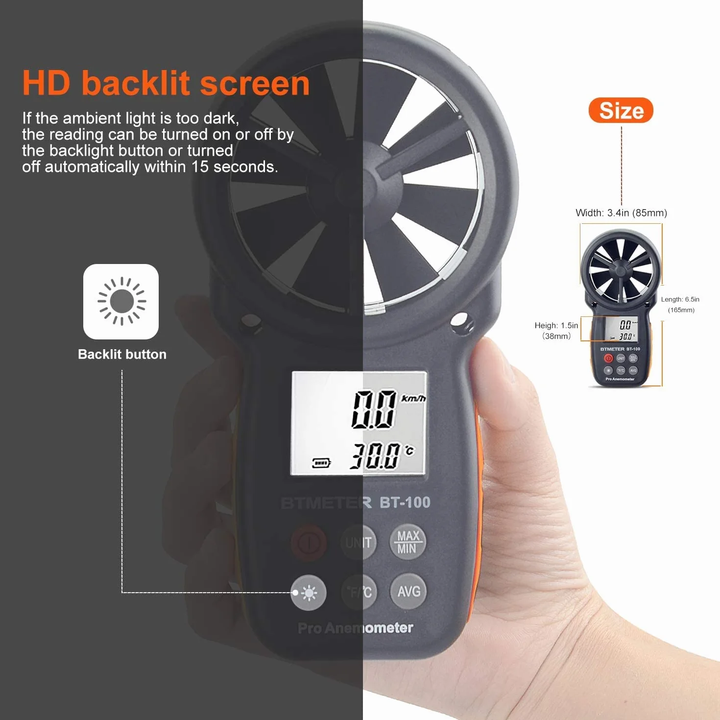 BTMETER Anemómetro digital BT-100 de mano medidor velocidad viento temperatura HVAC