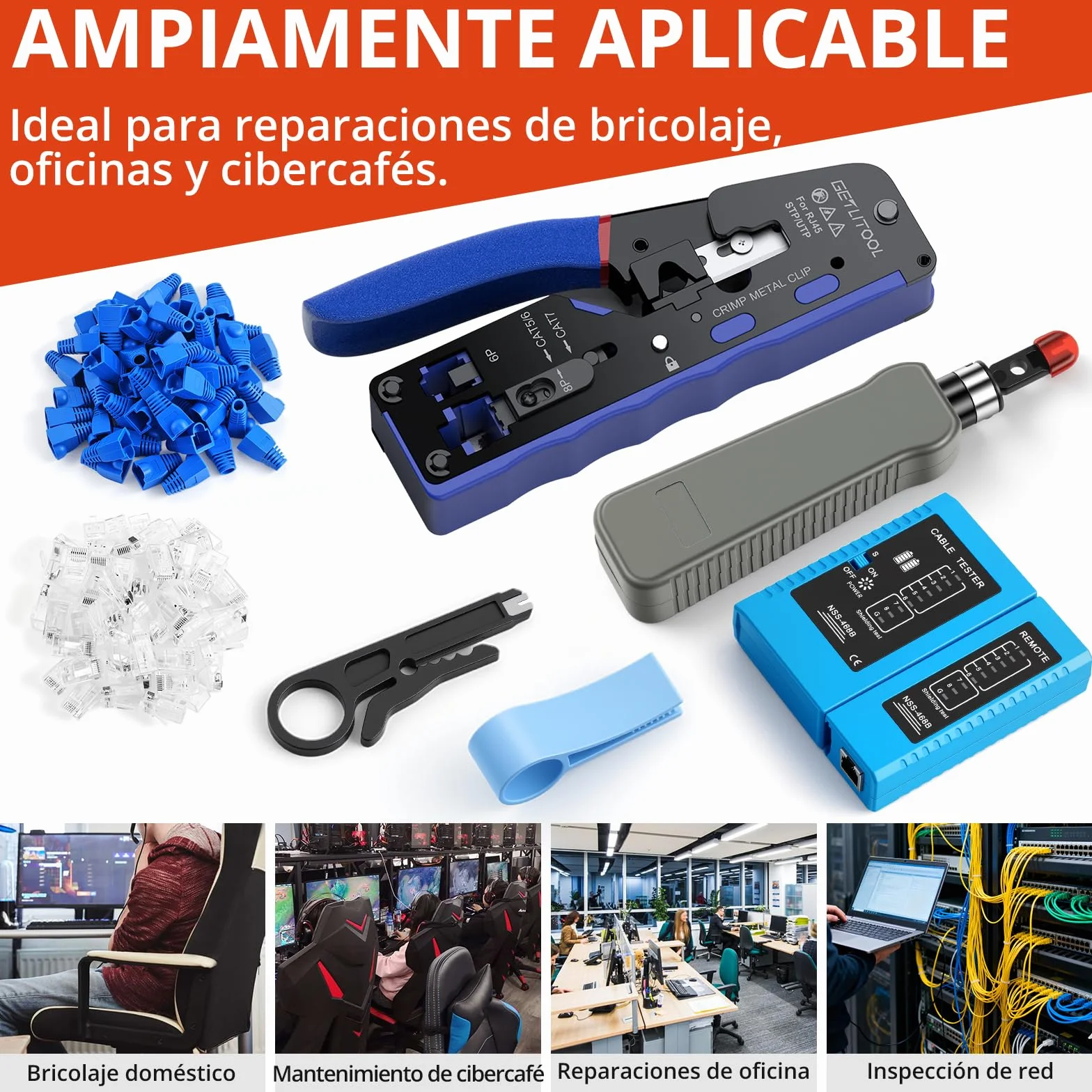 GETLITOOL Crimpadora RJ45 Kit Completo con 60 Conectores Cat6 Dorados Pelacables Probador de Red Herramientas para Crimpar Ethernet Cat5e/Cat6/Cat6a/Cat7